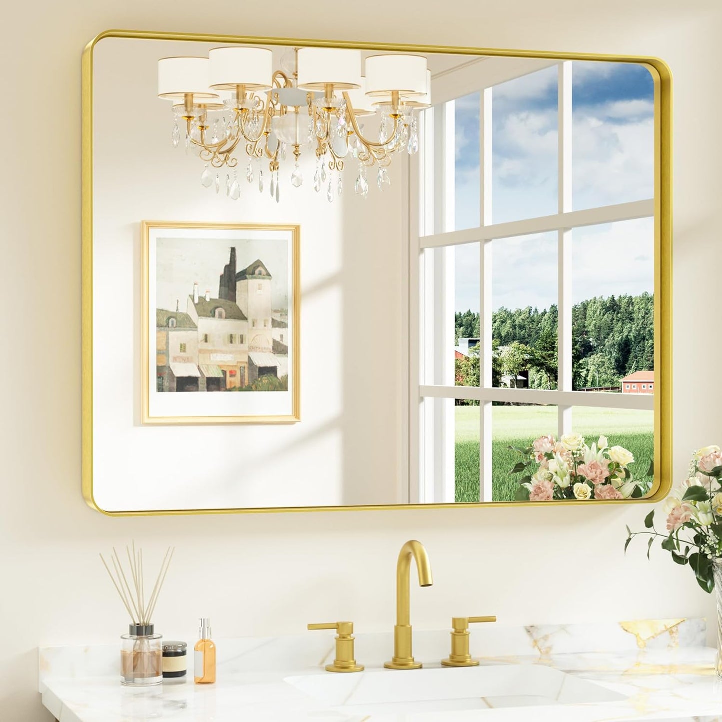 Keonjinn 42 x 36 Brushed Nickel Bathroom Vanity Mirror, Large Rounded Rectangle Bathroom Mirrors for over Sink, Metal Framed Silver Mirror for Wall, Shatterproof HD Tempered Glass(Horizontal/Vertical)