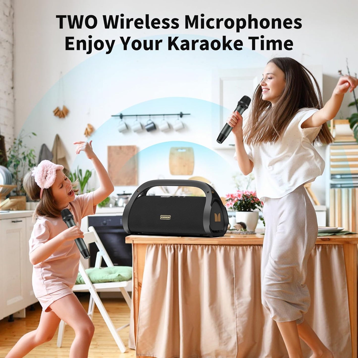 Monster Adventurer Max Bluetooth Speaker with Two Wireless Microphones, IPX7 Waterproof Outdoor Speakers with 100W Powerful Stereo Sound, Portable Bluetooth Speakers for Home, Camping, Gold