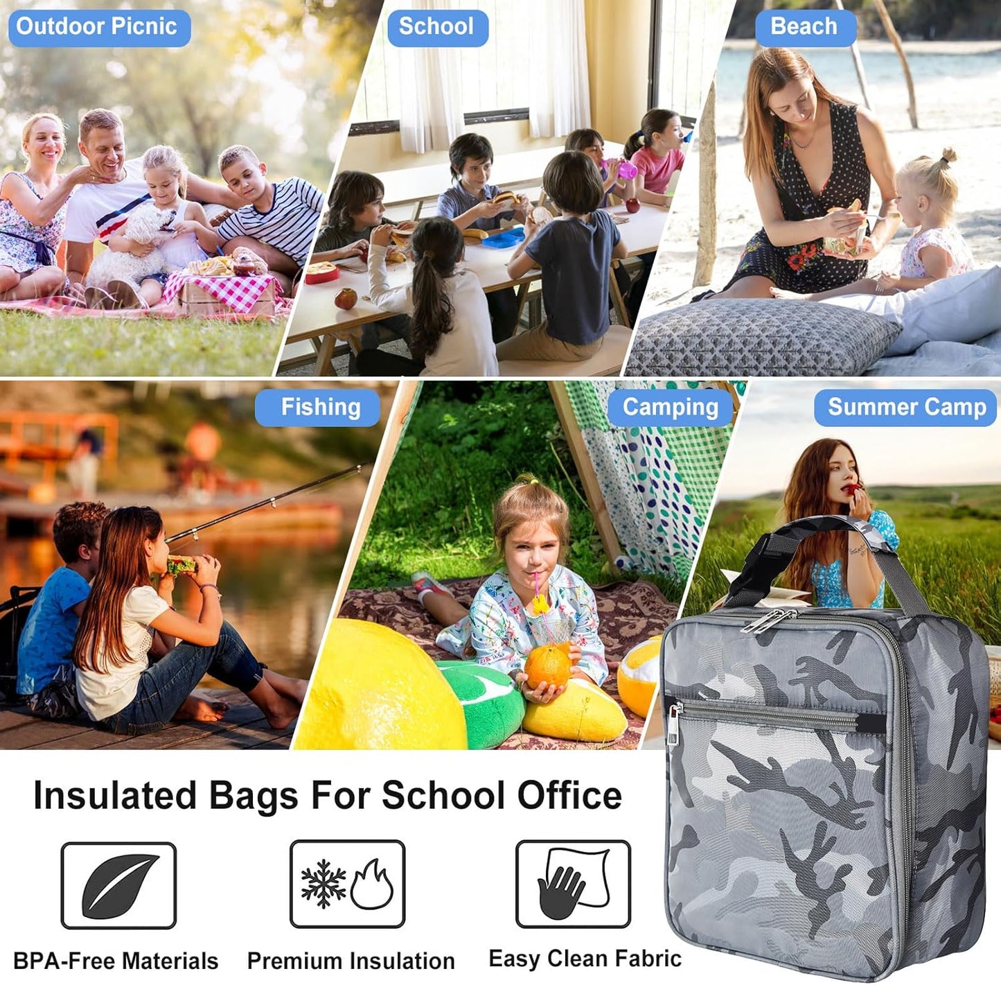 Insulated Lunch Bag, Leakproof Portable Lunch Box for Women Men Boys Girls, Large Capacity Cooler Bag with Handle and Bottle Pocket for Office School Camping Hiking Outdoor Beach Picnic (Black)