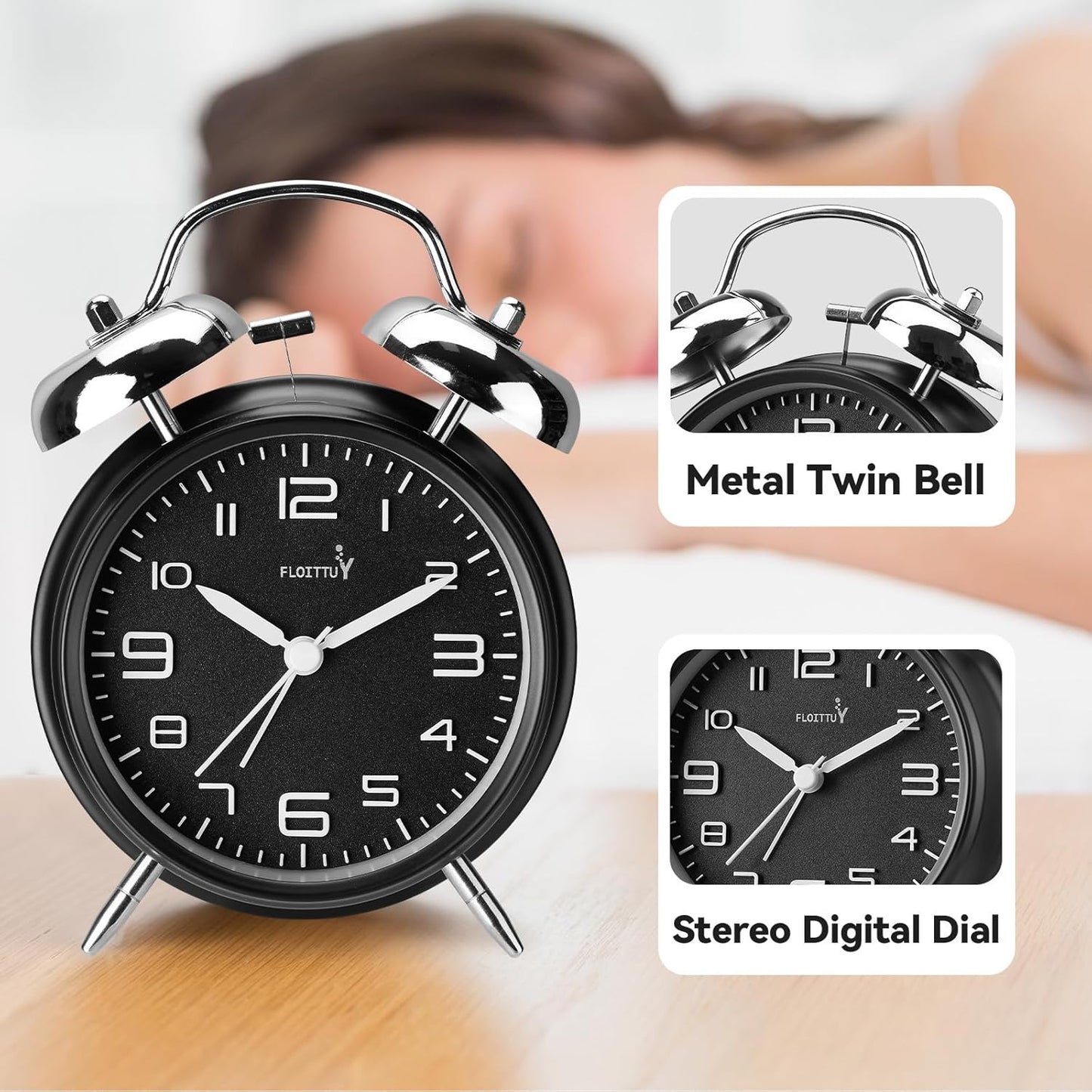 FLOITTUY (Loud Alarm for Deep Sleepers) 4'' Twin Bell Alarm Clock with Backlight for Bedroom and Home Decoration(Black)