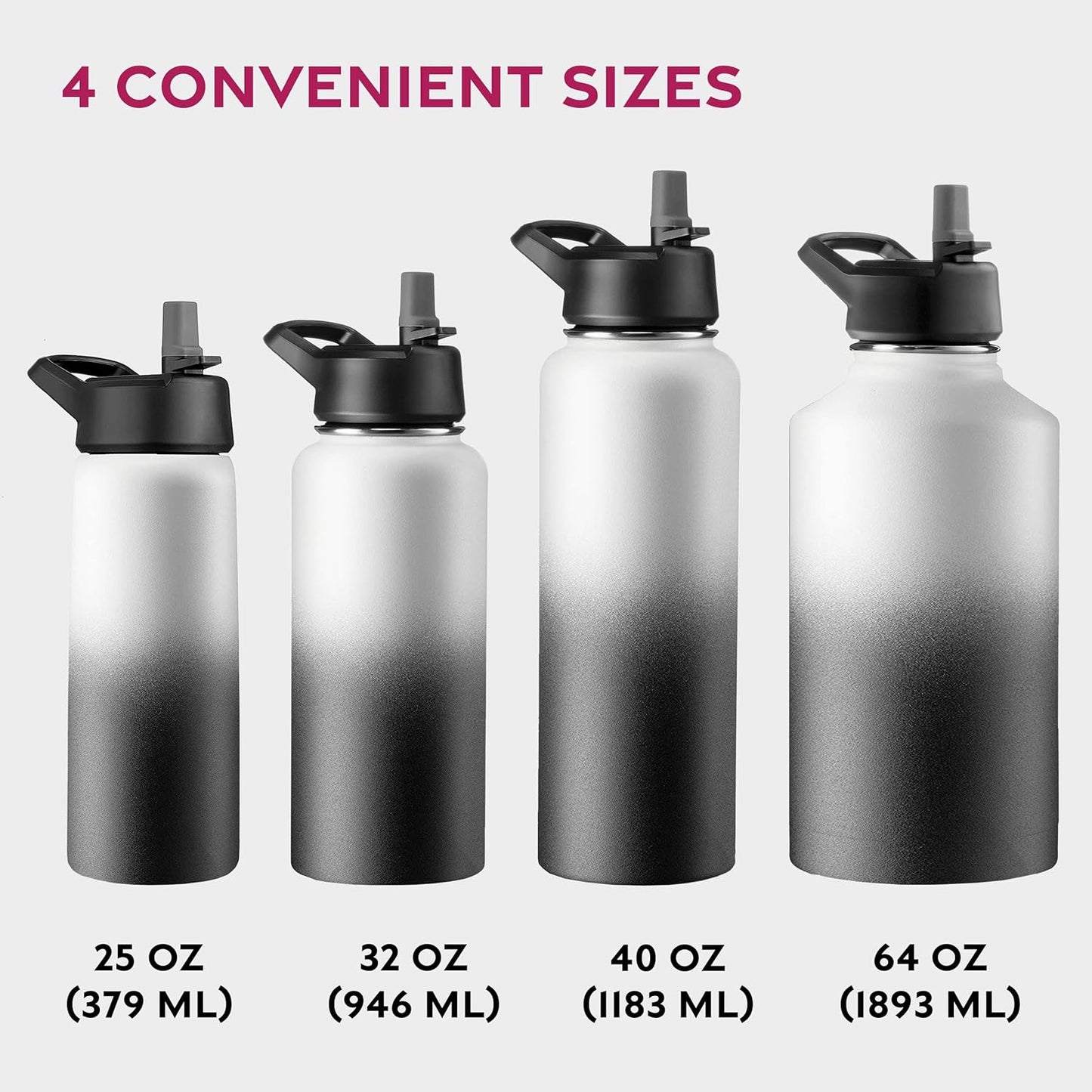 FineDine Water Bottle - Stainless Steel Insulated Water Bottle with Straw Lid, Flip Lid & Wide-Mouth Cap - Keeps Hot and Cold - 25 Oz / 739ml - Pure Pearly White
