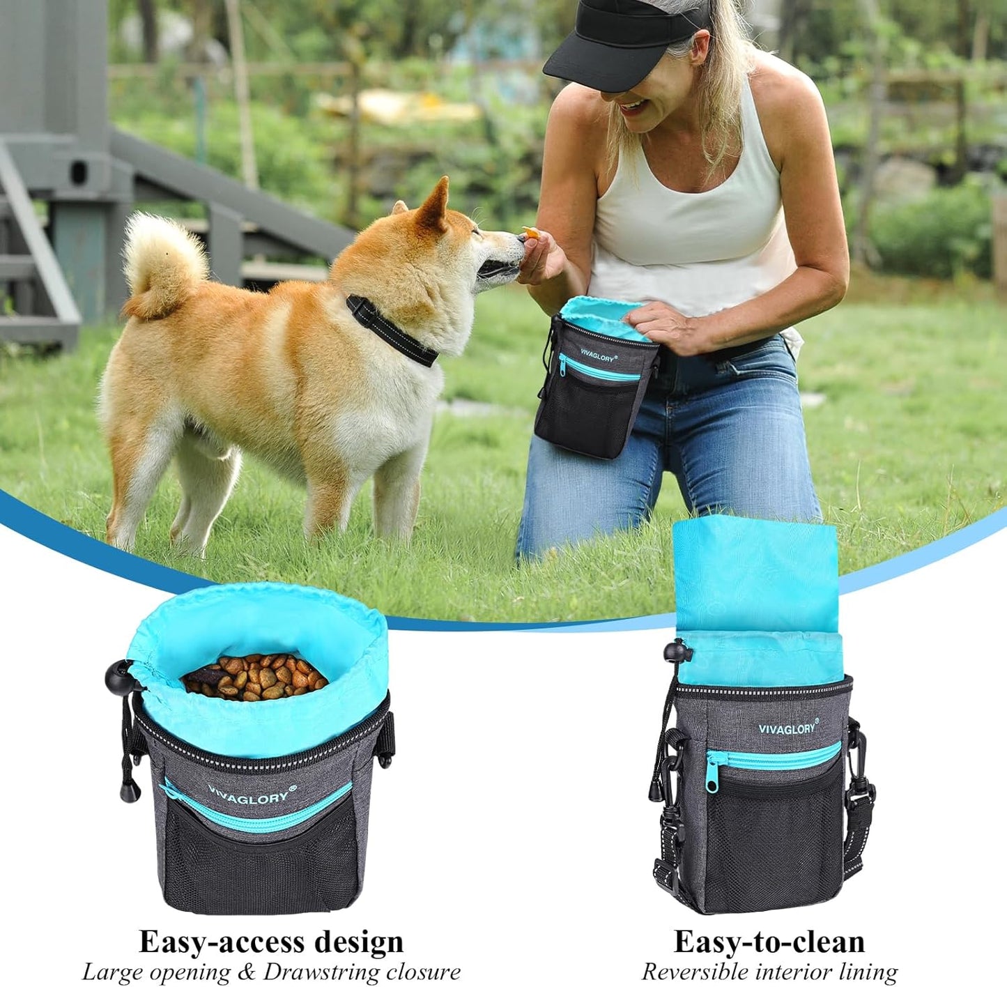 VIVAGLORY Dog Training Treat Pouch, 4Ways to Wear Dog Treat Bags, Built in Dog Waste Bag Dispenser Treats Training Bags with Reflective Adjustable Shoulder Strap, Heather Black