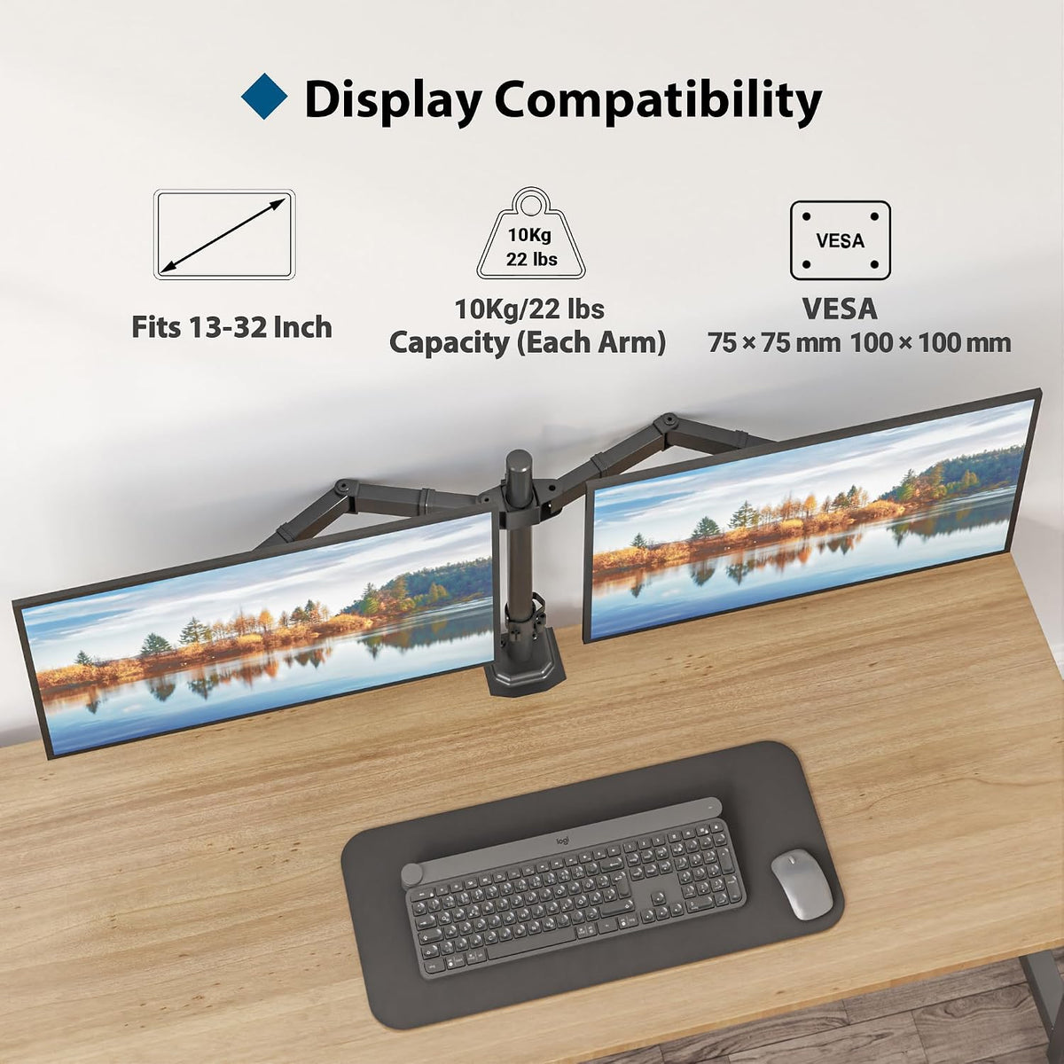 BONTEC Dual Monitor Arm for 13-32 inch LCD LED PC Screens, Height Adjustable 360° Rotation, 90° Tilt and Swivel, 22 lb per Arm, Desk Clamp or Grommet Mount, Cable Management,Black