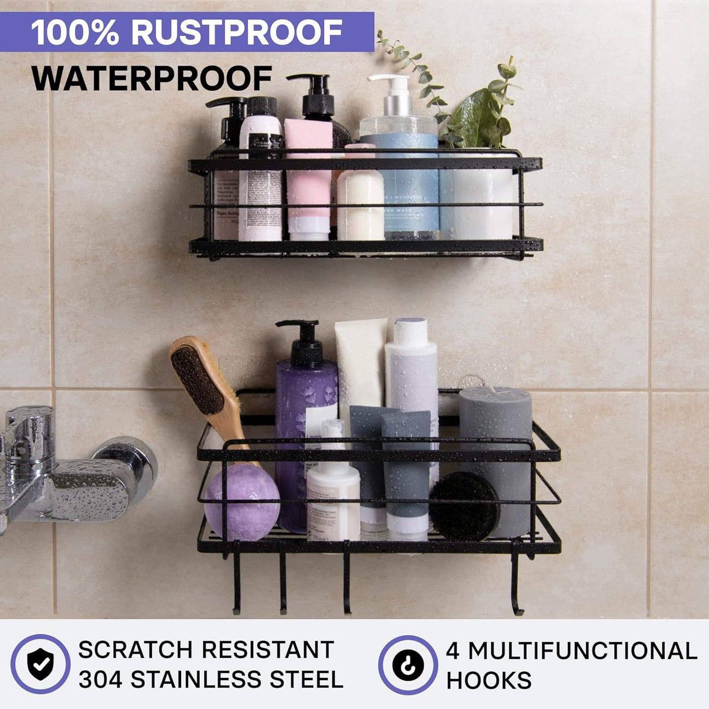 KINCMAX Premium Shower Caddy, 2-Pack Adhesive Shower Organizer, No Drill Bathroom Shelves, Rustproof Stainless Steel Shower Shelves for Inside Shower, Shampoo Holder, Shower Storage Rack, Matte Black