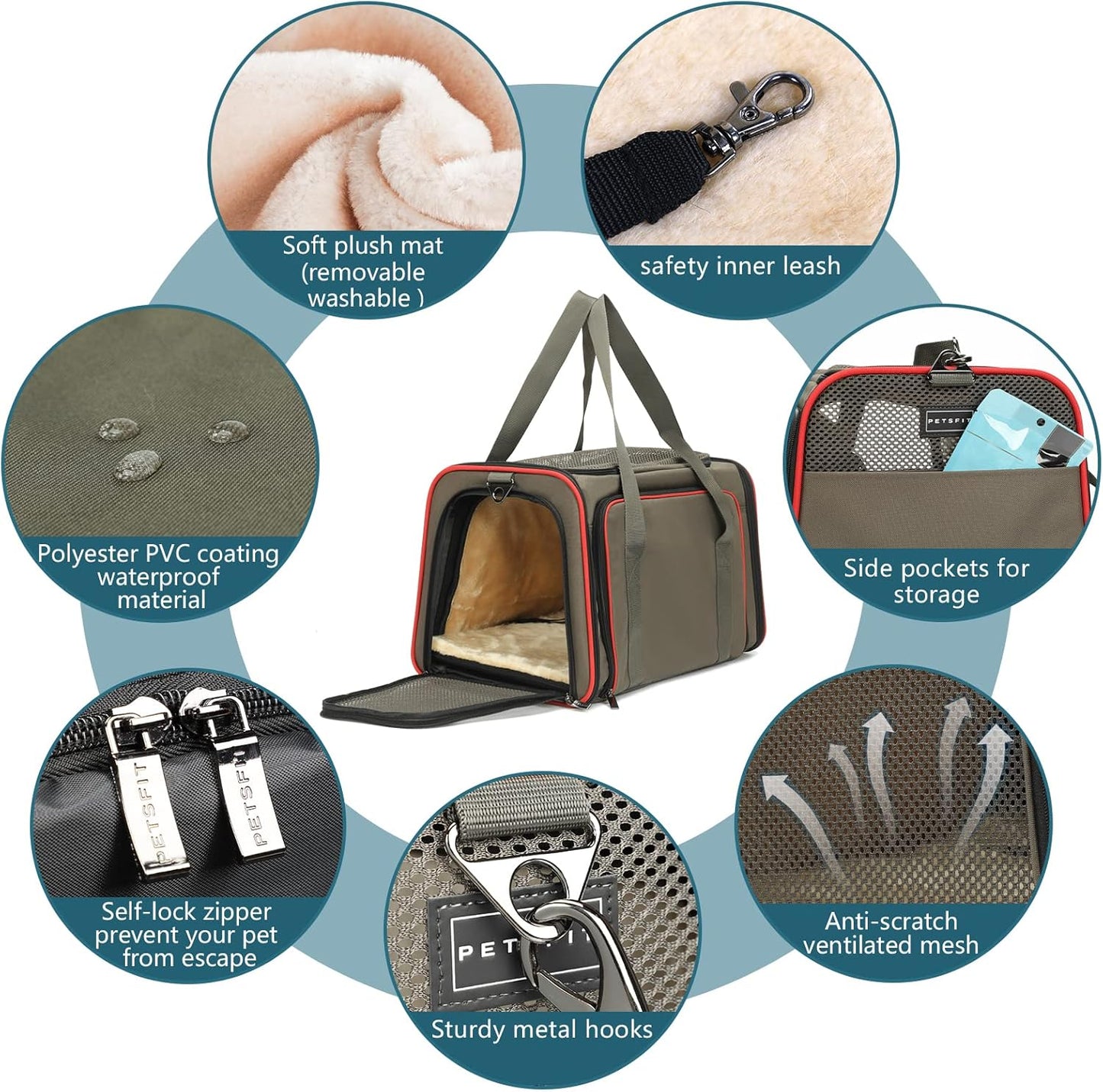 Petsfit Expandable Cat Dog Carrier Airline Approved, 17" L x 11" W x 11" H Soft-Sided Portable Pet Travel Carrier for Kitten, Puppy, Removable Soft Plush Mat and Pockets, Auto-Locking Zippers
