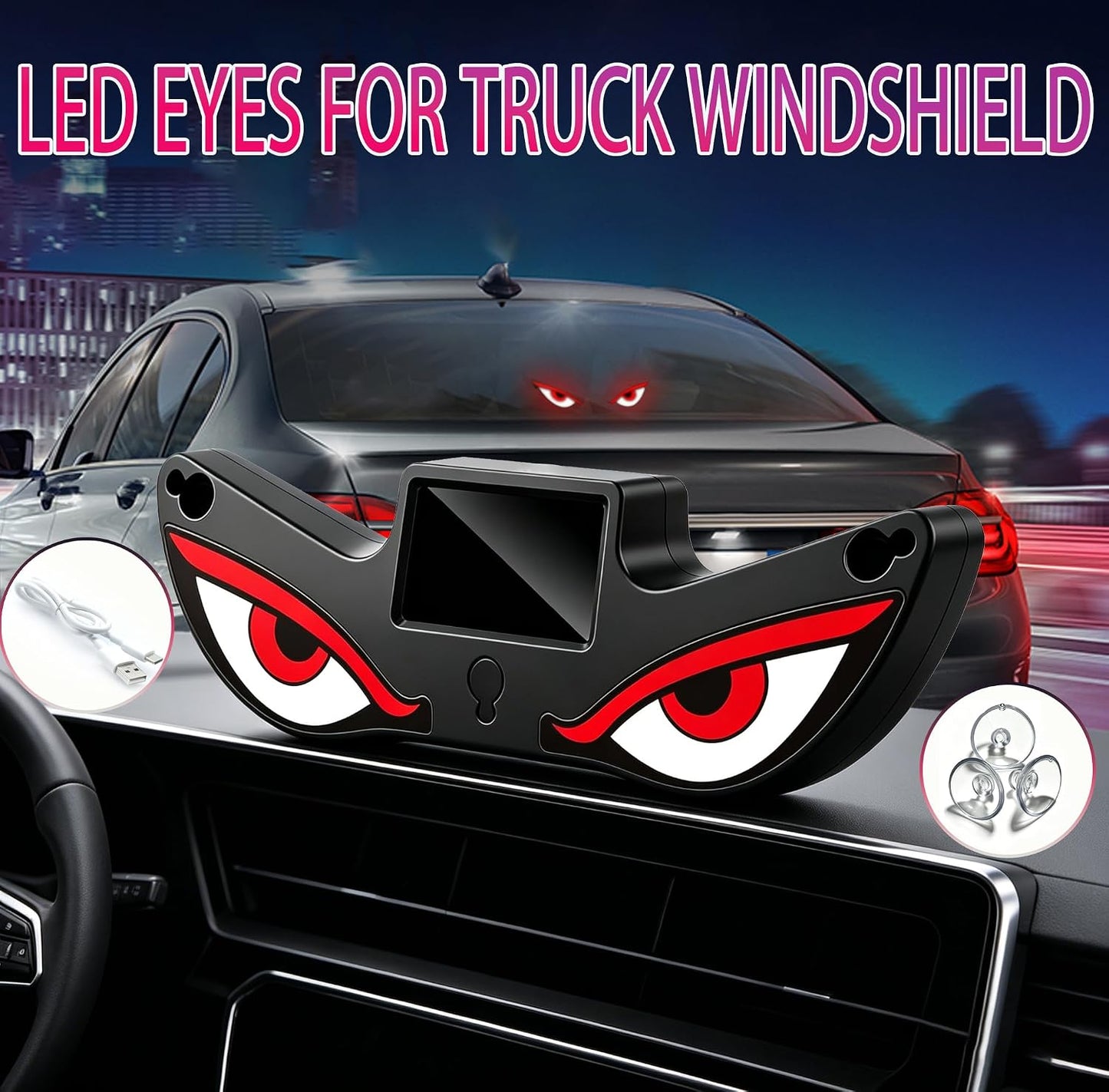 Solar Demon Eye LED Car Wireless Window Light, Eye Light for Windshield Suction Cup Dynamic Windshield Ambient Lamp Solar and USB Powered Lights for SUV, Truck,Van,RV(Red/WhiteEye/Nighttime use)