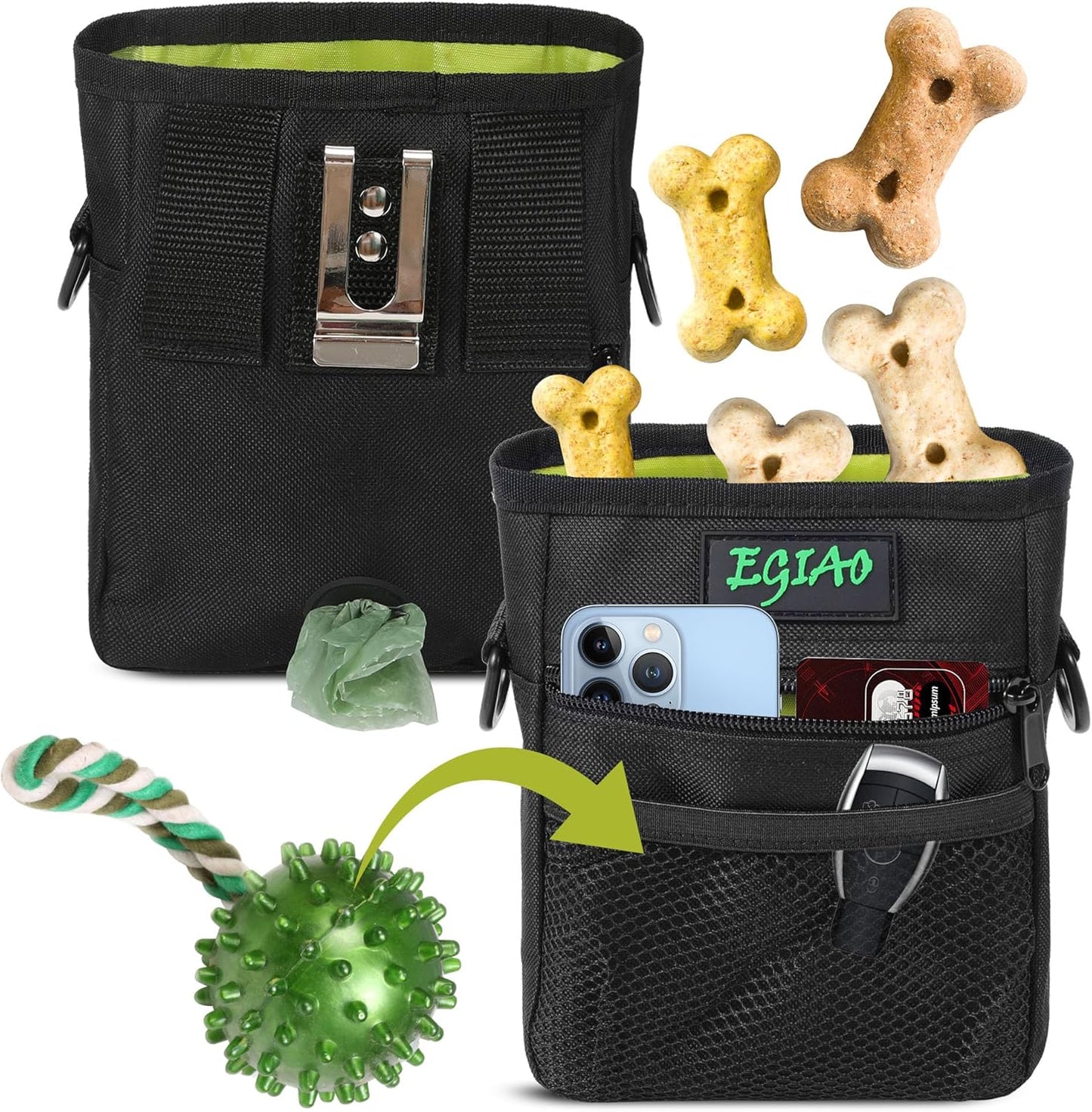 Dog Treat Pouch with Collapsible Dog Bowl, Training Clicker and Poop Bags, Treat Pouches for Pet Training, Magnetic Closure, Built-in Poop Bag Dispenser, Waist Belt Clip, Puppy Treat Bag - Green