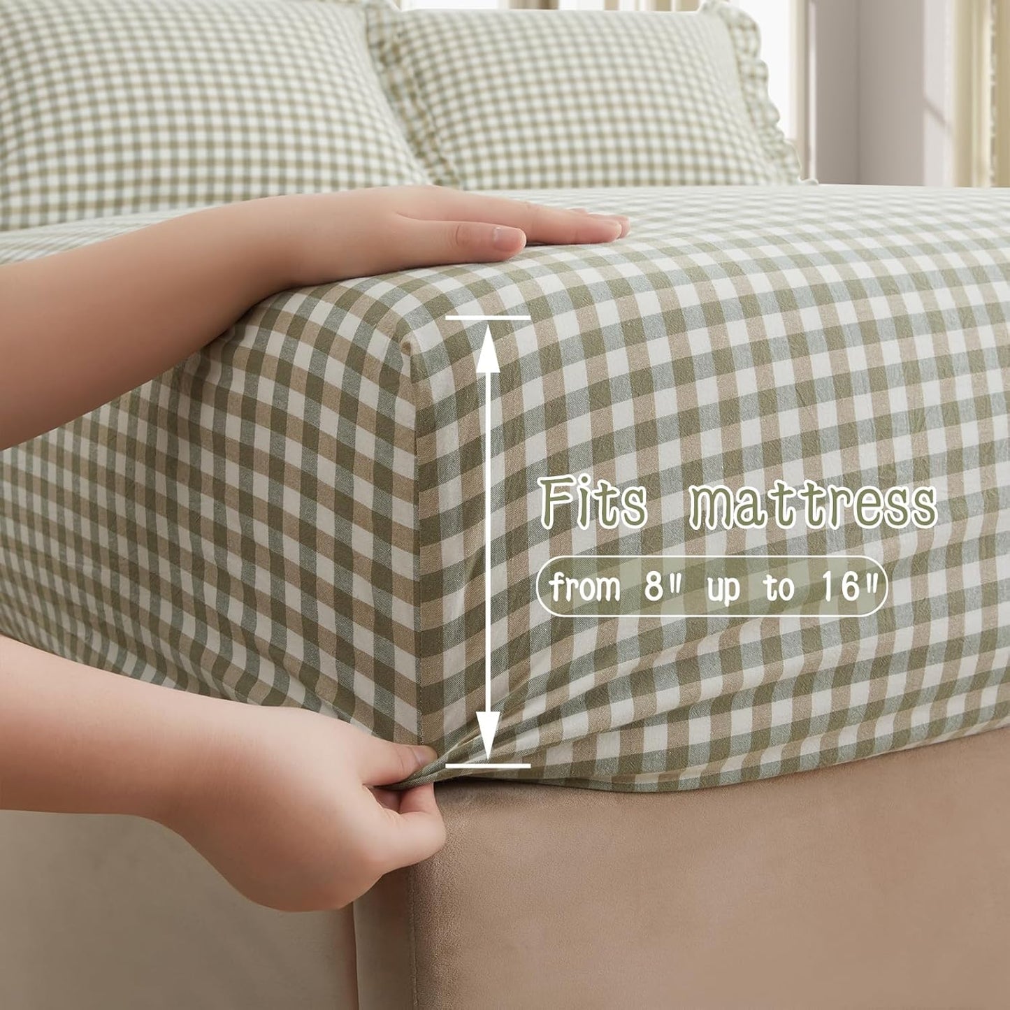 KKJIAF 3 Pieces Plaid Ruffle Twin Bed Sheets, Gingham Twin Sheet Set Comfy Breathable Ruffed Bed Sheet Set with 16 Inch Deep Pocket, Dusty Blue