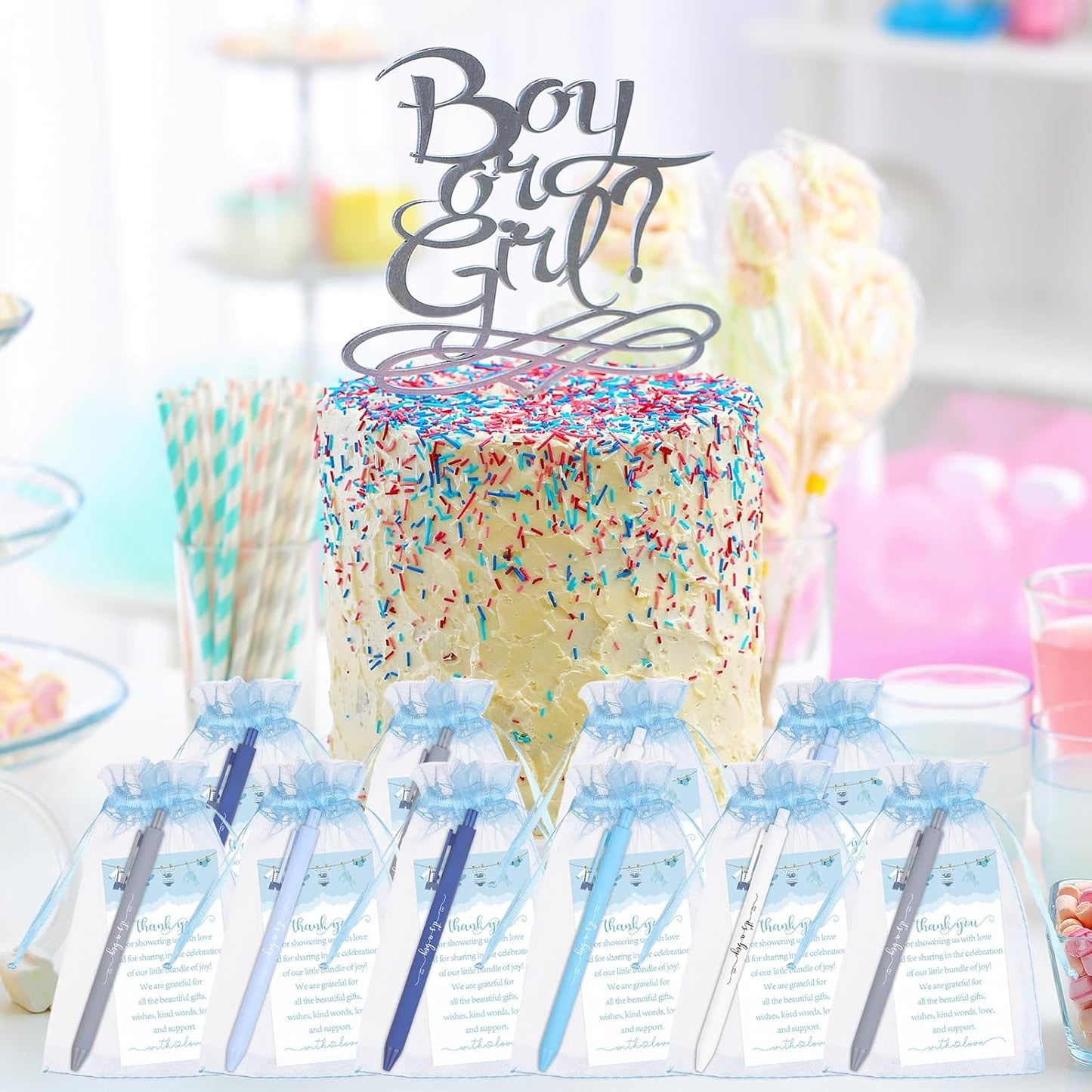 50 Set Baby Shower Favors for Guests It's a Boy Ballpoint Pens Thank You Gift Cards Organza Bags Baby Shower Gifts for Office School Student Writing Gender Reveal Party Favors Birthday Game Prizes