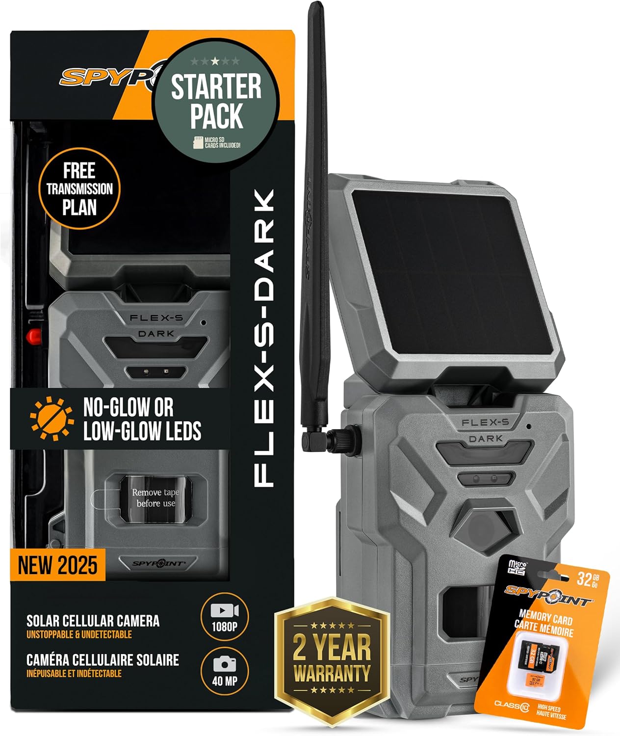 SPYPOINT Flex-S Dark Ultimate Pack Solar Outdoor Cellular Trail Camera - Integrated Solar Panel, No WiFi Needed, Night Vision Motion Activated, Dual-Sim LTE, 40MP Photos and 1080p w/Sound