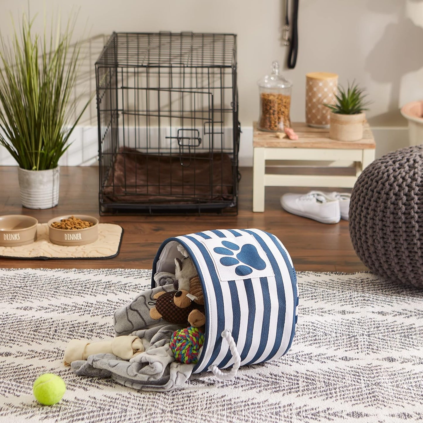 DII Bone Dry RoundSmall Pet Toy and Accessory Storage Bin, 12"(Dia) x9(H), Collapsible Organizer Storage Basket for Home Decor, Pet Toy, Blankets, Leashes and Food-Gray Stripes