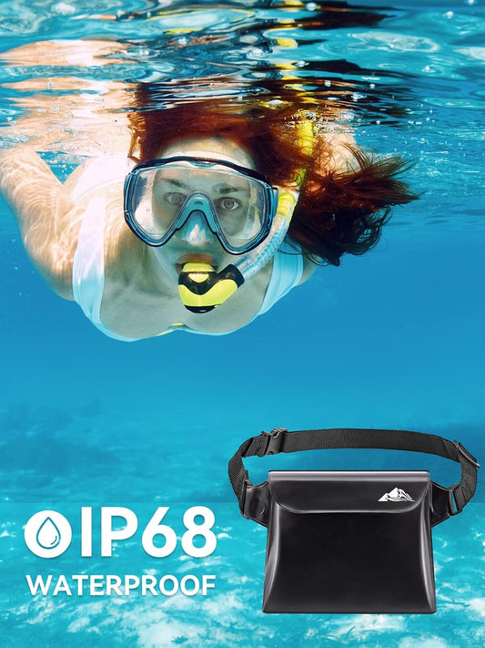 HEETA 2-Pack Waterproof Pouch with Waist Strap, Screen Touchable Dry Bag with Adjustable Belt for Phone Valuables for Kayaking Swimming Snorkeling Boating Fishing Surfing Beach (Black & Blue) - PuriLite