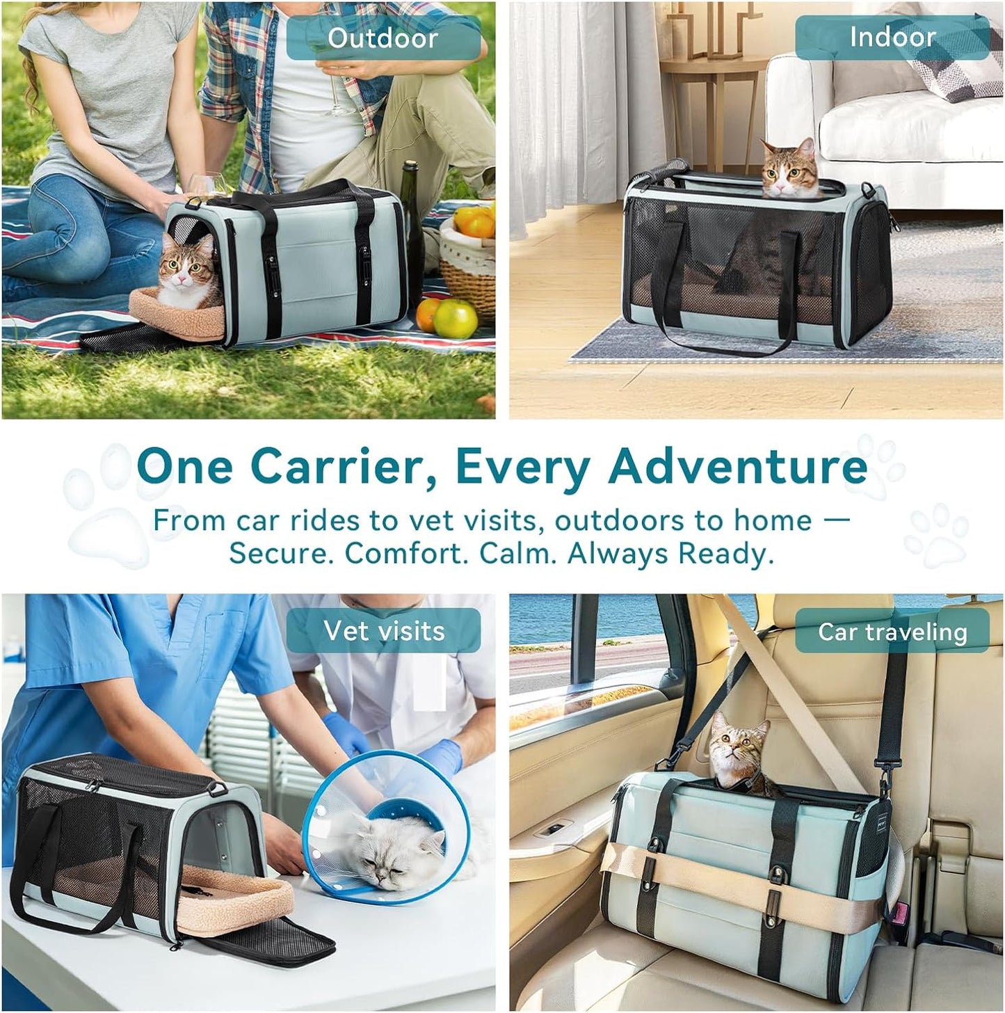 Petsfit Pet Carrier Airline Approved, Soft-Sided Cat Carrier with Patented Car Buckle, Lightweight and Collapsible with Adjustable Shoulder Strap, Soft Cushion,Green