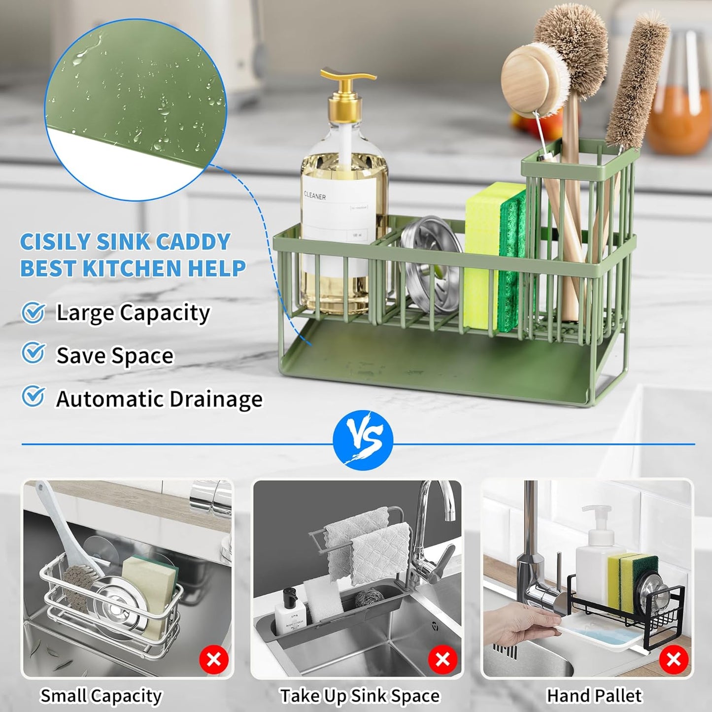 Cisily Kitchen Sink Caddy Organzier with High Brush Holder, Sponge Holder for Sink, 304 Rustproof Stainless, Kitchen Countertop Soap Dispenser Organizer, Kitchen Decor and Accessories (Black)