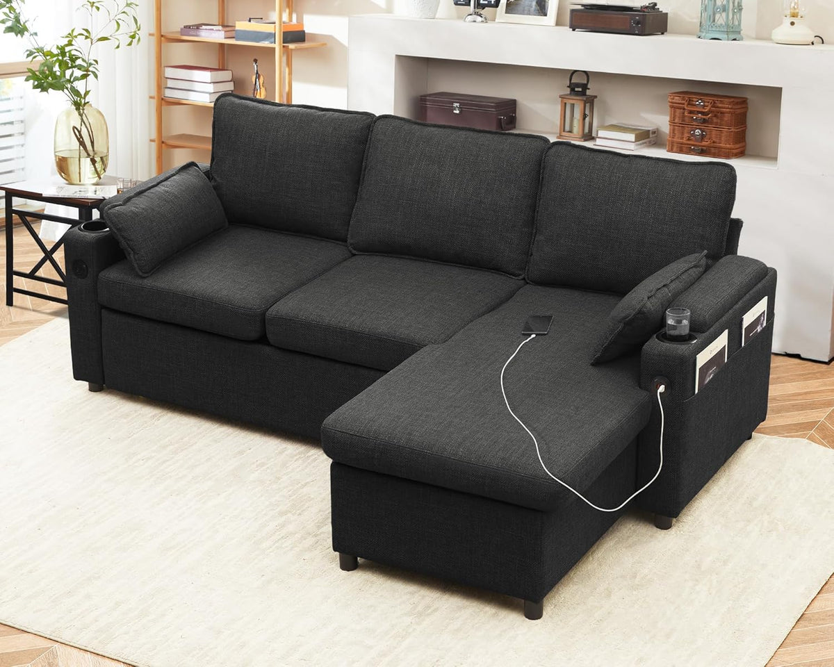 DURASPACE Sofa Bed Sleeper Pull Out 2 in 1 Sectional Sleeper Sofa Couches with Storage,USB, Cup Holder,Pullout Sectional Couches for Apartment Living Room (Dark Gray Linen)