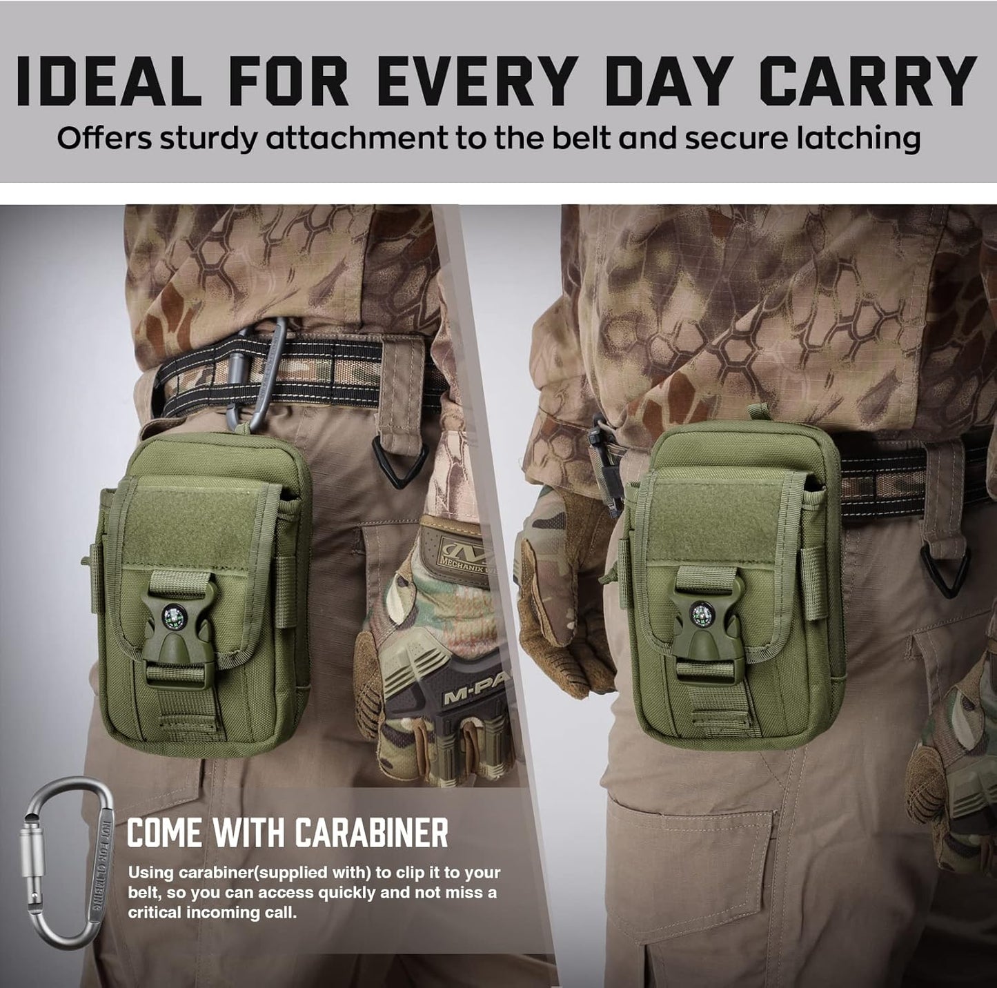 WYNEX Tactical Compass Phone Pouch, Large Molle Smartphone Holster Case Double Capacity Small Utility EDC Pouch with Compass Buckle and Carabiner