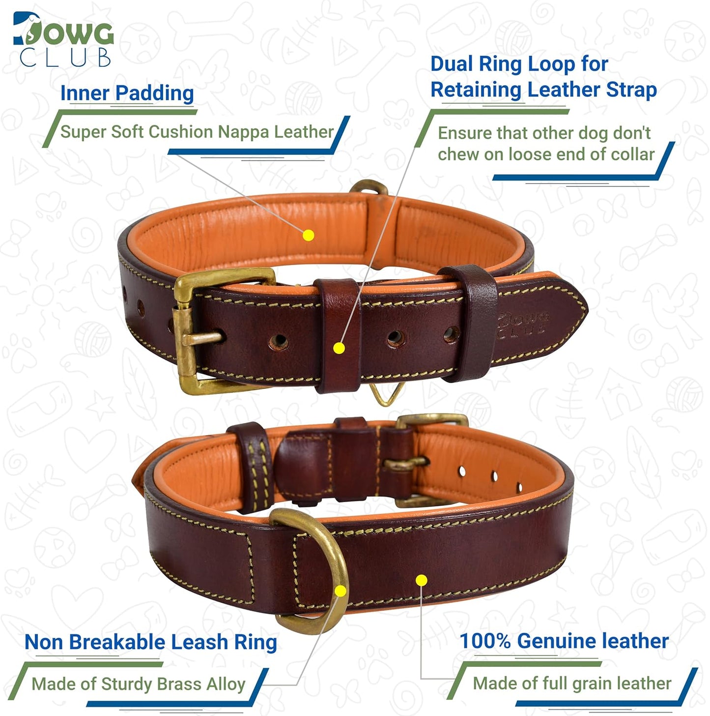 DowgClub | Genuine Leather Dog Collar | Full Grain, Heavy Duty | Comfortable, Strong | Best for Pups, Small, Medium & Large Breeds | Pink, Brown, Black, Tan