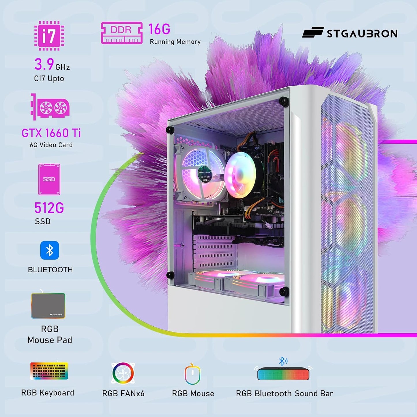 STGAubron Gaming PC Computer Desktop, GeForce RTX 2060 Super, Intel Core i7 8th up to 4.1GHz, 16G DDR4, 1T SSD, 600M WiFi, BT 5.0, RGB Fan x6, Windows 11 Home