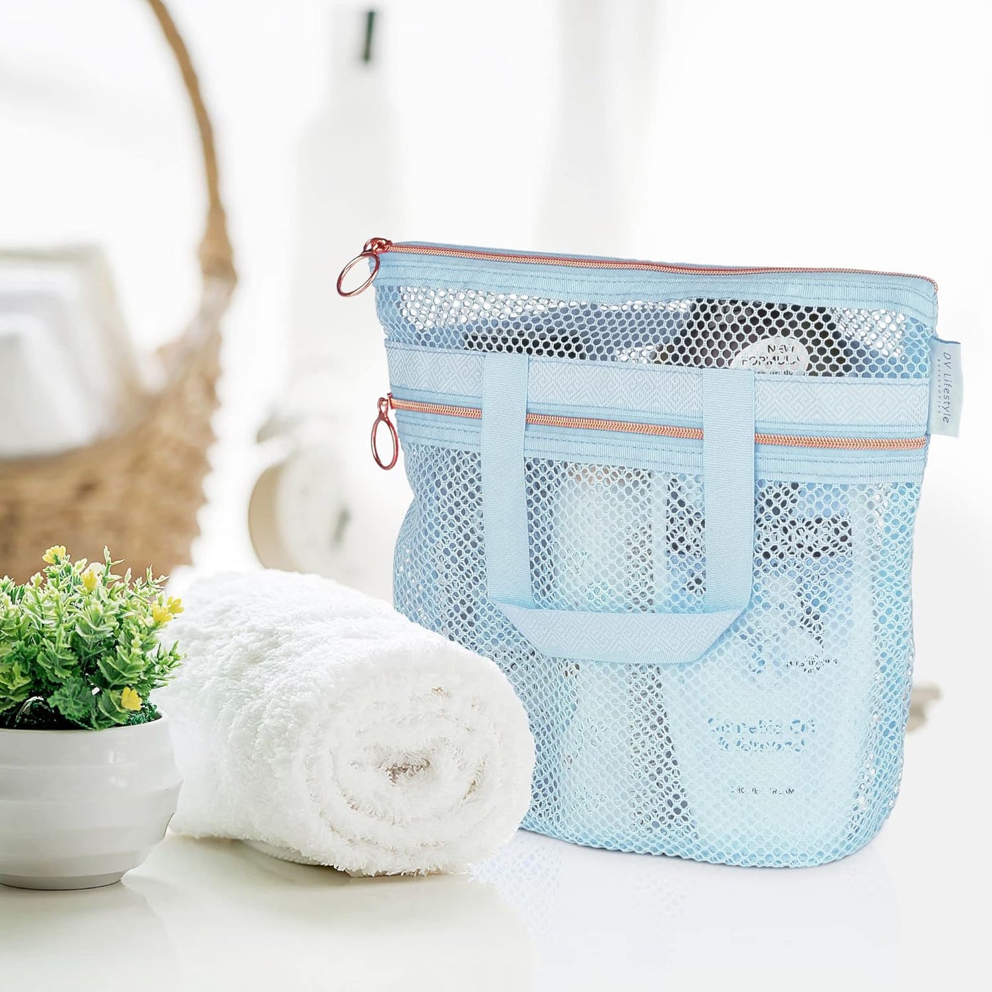 Mesh Shower Caddy Portable 10.2x9.9'' Shower Bag with Zipper & 2 Pockets. Shower Tote Ideal for Gym, Travel, Camp, Beach, for Sunscreen, Dorm & College Essentials (Black)