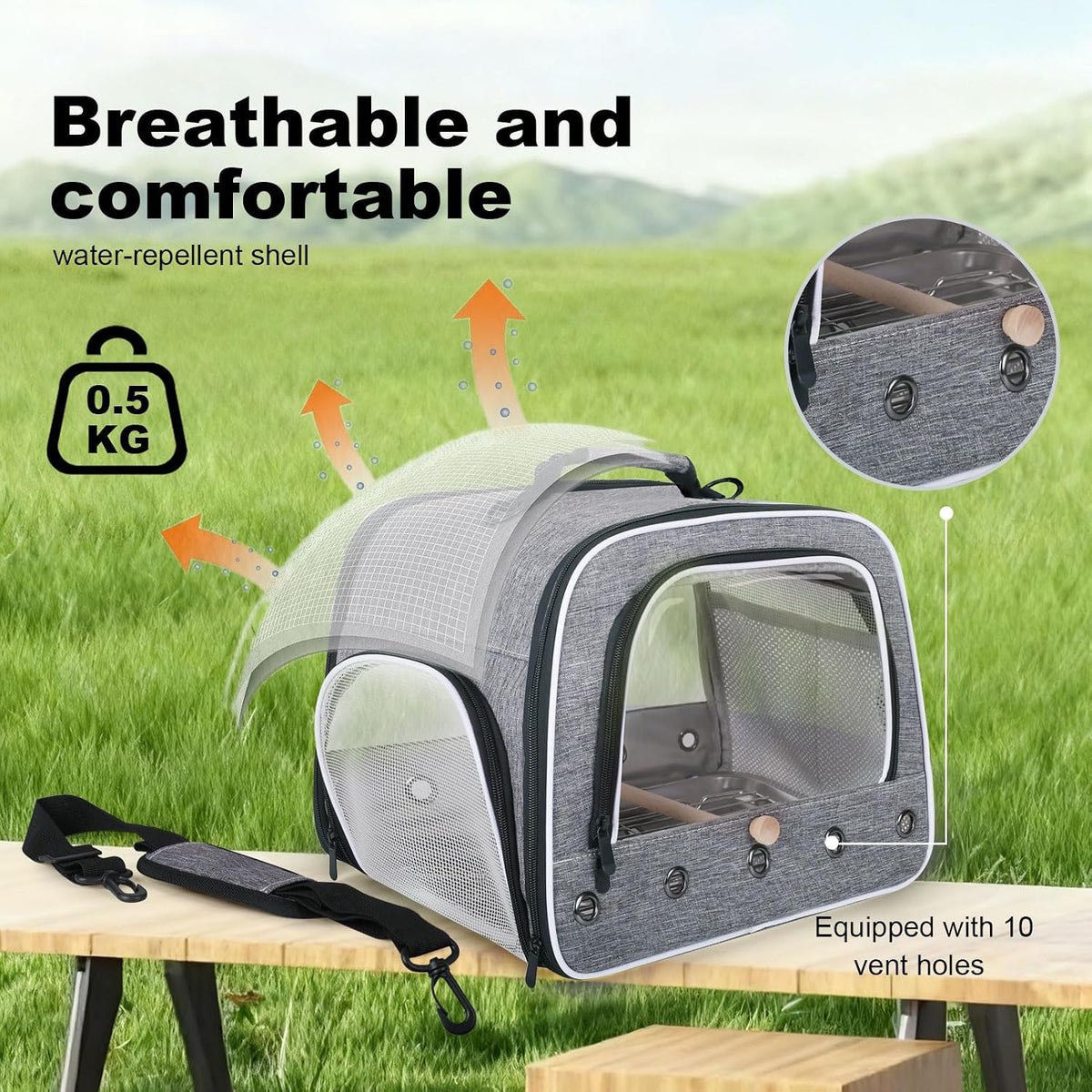 Bird Travel Carrier Cage for Large Size Parrot, Portable Bag with Metal Tray and Grate to Carry and Transport Medium to African Grey, Long Tail Cockatiel and Parrot, Feather Grey