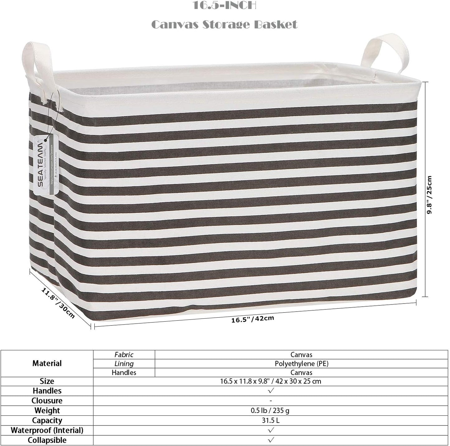 Sea Team 16.5 x 11.8 x 9.8 inches Square Canvas Fabric Storage Bins Shelves Storage Baskets Organizers for Nursery & Kid's Room, Grey Stripe