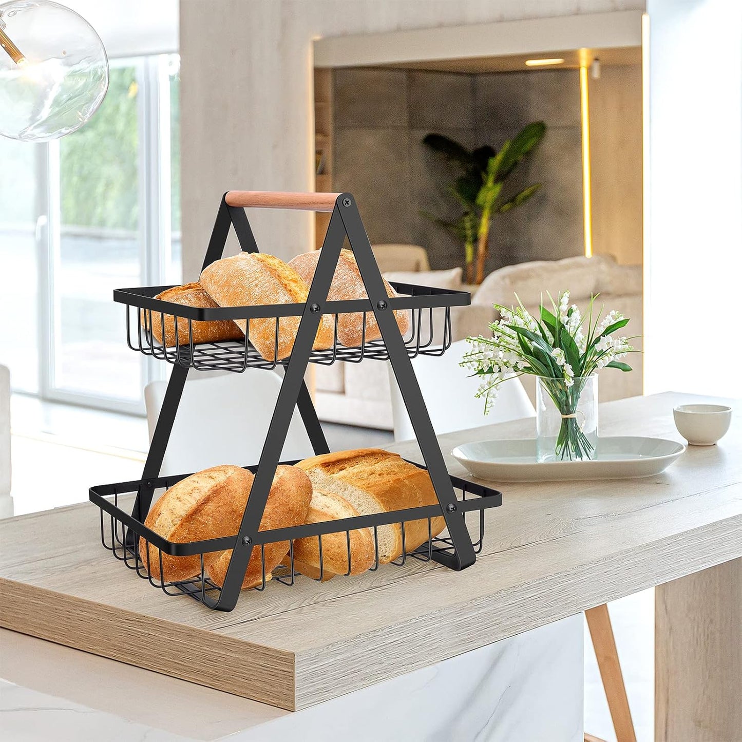 2 Tier Countertop Fruit Basket,Portable Fruit Bowle Basket for Kitchen Organizer Storage & Dining Room Fruits Vegetable Bread Snacks,MAHUEEOL Detachable Metal Rectangle Basket Storage
