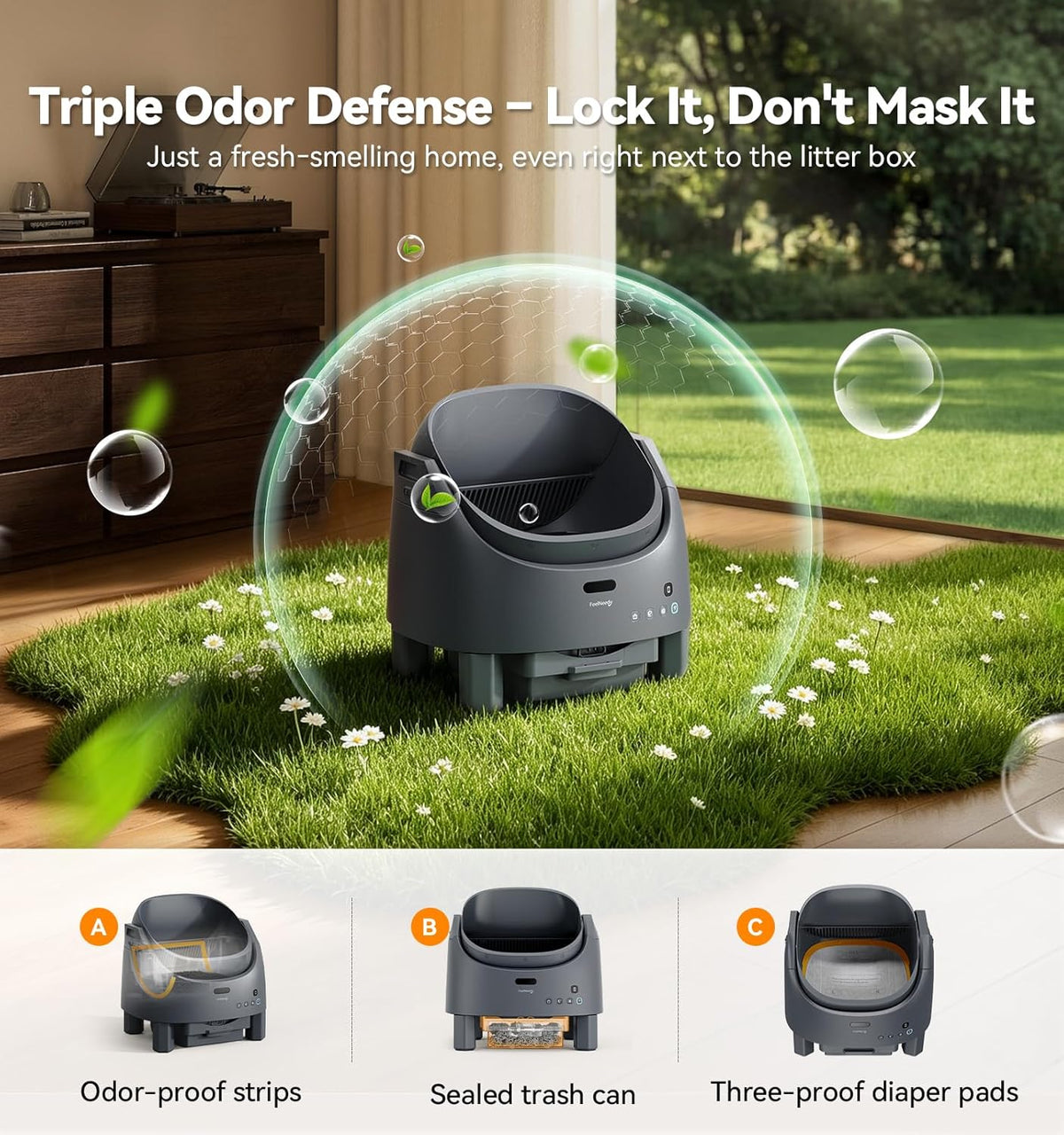 Automatic Cat Litter Box, FeelNeedy Self Cleaning Litter Box with App Control,Odor-Free Safety Sensor Design for 1-3 Cats,Open-Top Smart Litter Box Includes Waste Bags,litière automatique Pour Chat