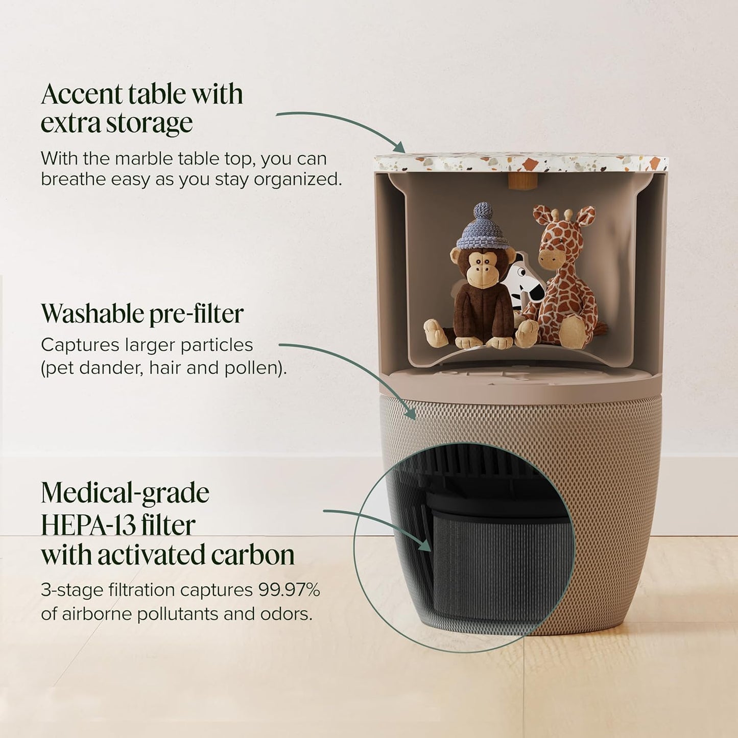 Dupray Bloom™ Air Purifier for Large Rooms – H13 HEPA Filter, Dust, Allergens, Pets, Smart Auto Air Quality Control, Accent Table Design, Terrazzo, Bedroom & Office Air Cleaner - PuriLite