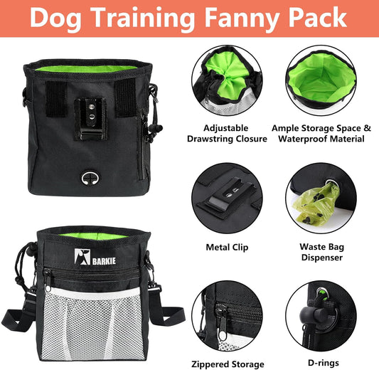Dog Training Kit - Treat Pouch, Pet Training Fanny Pack, 2 Puppy Training Clickers, Ultrasonic Silent Whistle, 2-in-1 Whistle Clicker, Clicker Training Guide Booklet, Dog Poop Bag (Black) - PuriLite