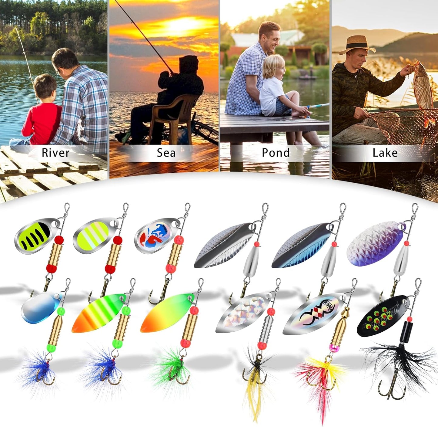 TRUSCEND Fishing Spinners with Unique Double Spoons, Nano-Plated Rooster Tail Fishing Lures with Copper Body & Blade, Great Action Blade Bait for Bass Trout Walleye, Freshwater Ice Fishing Jigs