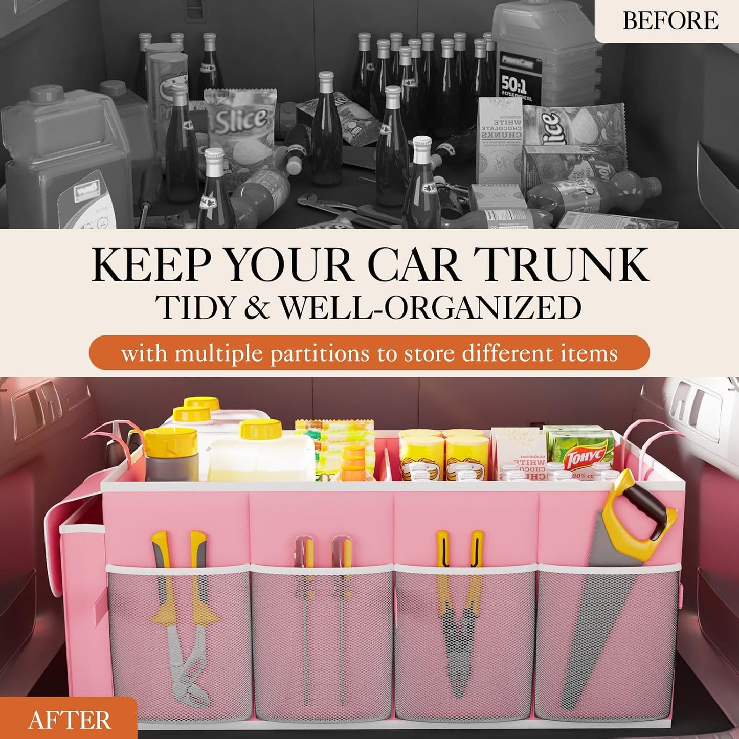 HOTOR Trunk Organizer - Car Organizer, Foldable Trunk organizer for SUVs & Sedans, Car Accessories, Tools, Sundries, 2 Compartments, Black