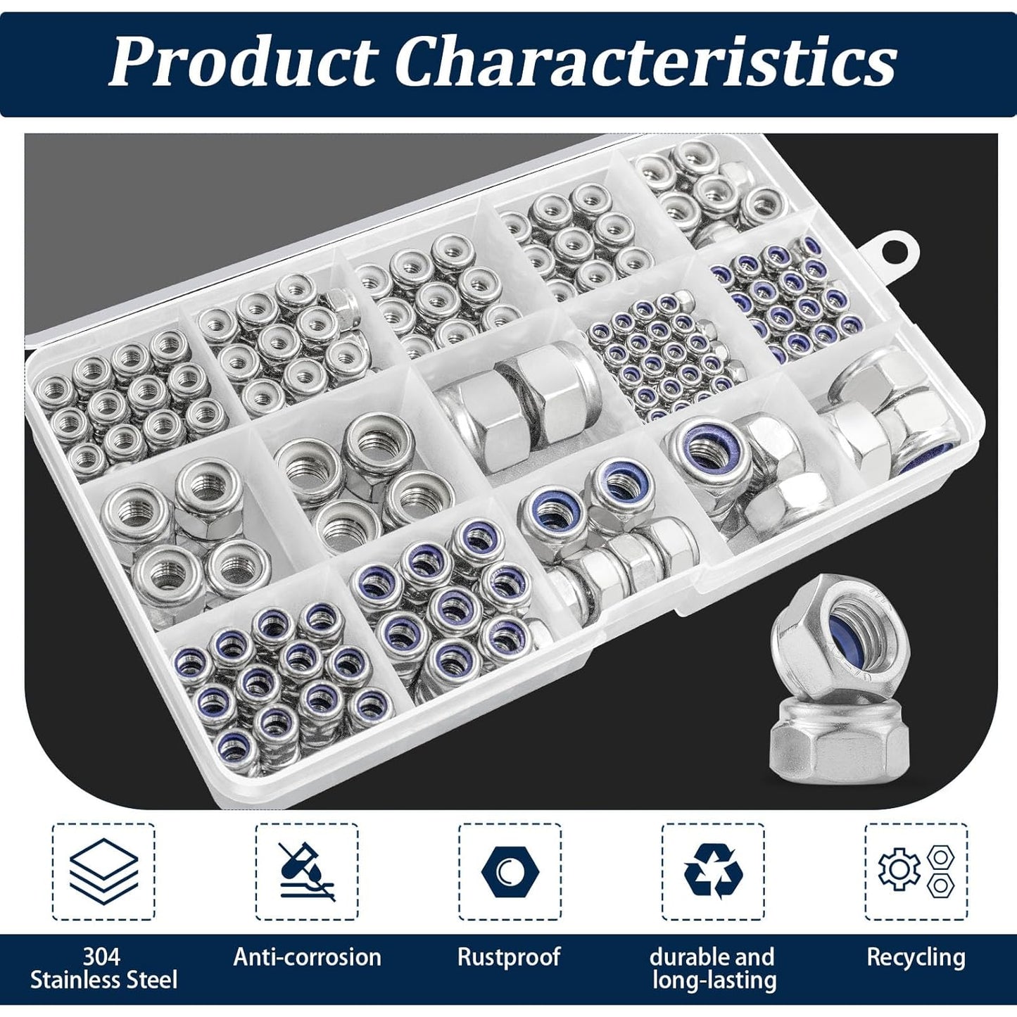 Vifmy 110 Pack 1/4"-20 Inch Lock Nuts,304 (A2-70) Stainless Steel Nylon Insert Locknuts,Standard Inch Thread Nylock Nuts for Bolts