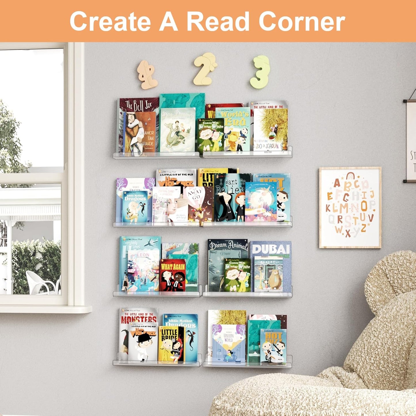 upsimples Clear Acrylic Shelves for Storage, 15" Floating Shelves Wall Mounted for Kids Bookshelf/Display Ledge for Bedroom, Living Room, Bathroom, Kitchen, Set of 4