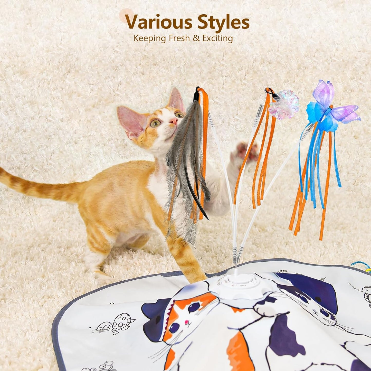 ORSDA Cat Toys Interactive, 4 in 1 Automatic Cat Toy, Hide and Seek, Whack a Mole, Magic Wand, Chasing Feather, with 4 Replacements, USB Rechargeable, for All Breed Sizes