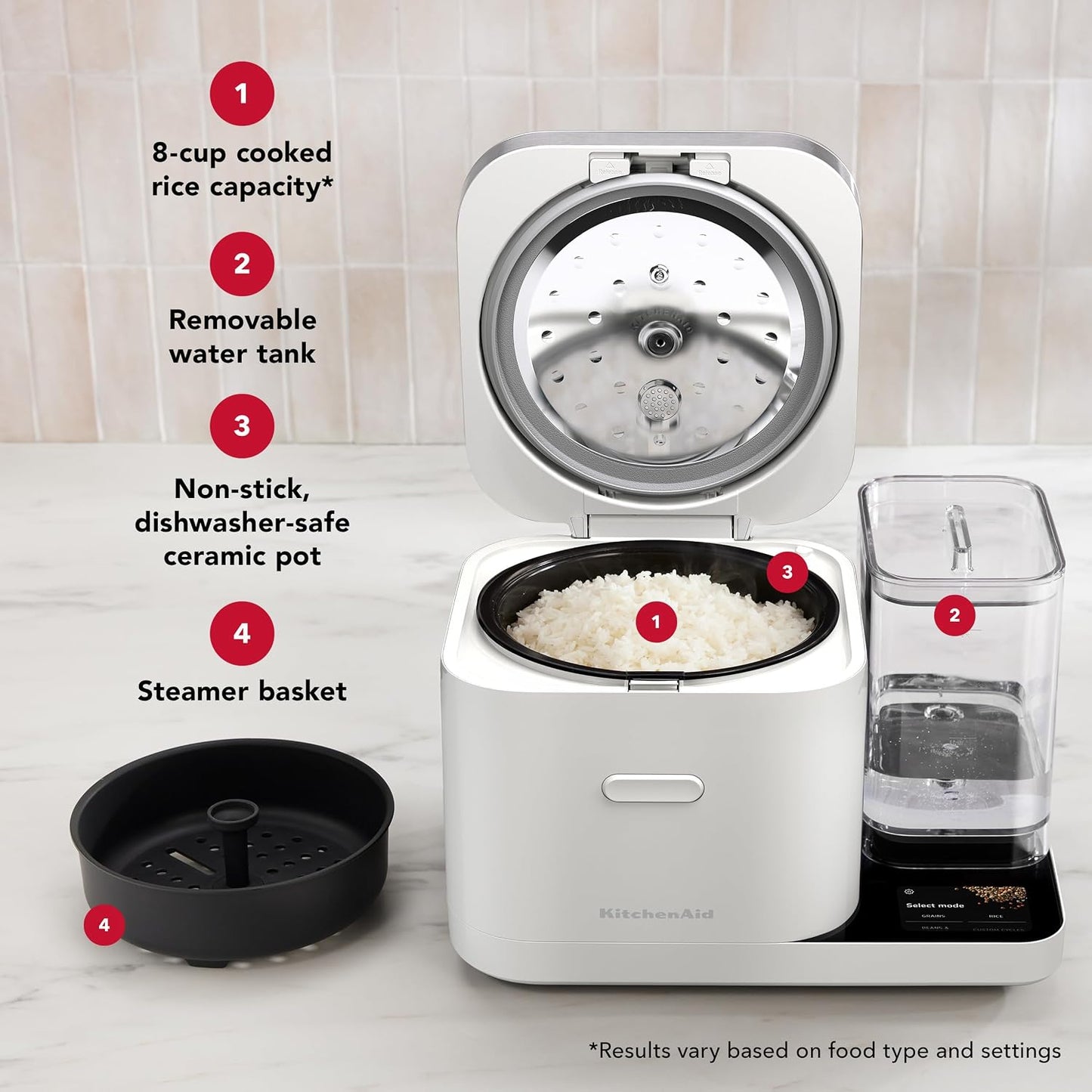 KitchenAid Grain and Rice Cooker 8 Cup with Automatically Sensing Integrated Scale + Water Tank, KGC3155, Porcelain White