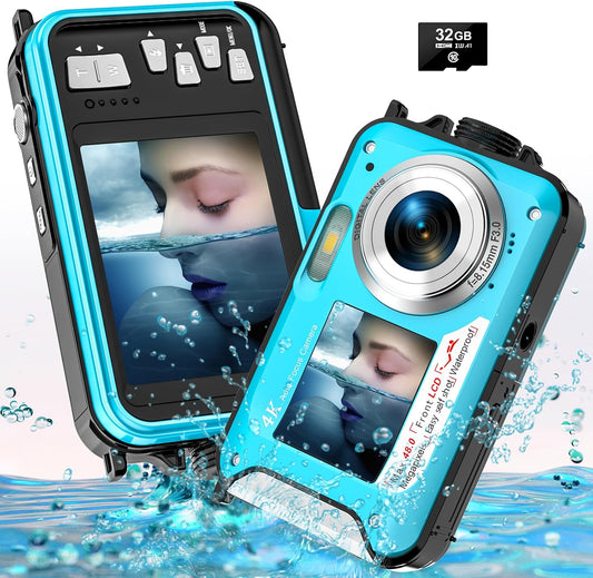 4K Underwater Camera 11FT Waterproof with 32GB Card 56MP Autofocus Selfie Dual-Screen for Snorkeling, Compact Digital Camera 1250mAh Battery (Blue)