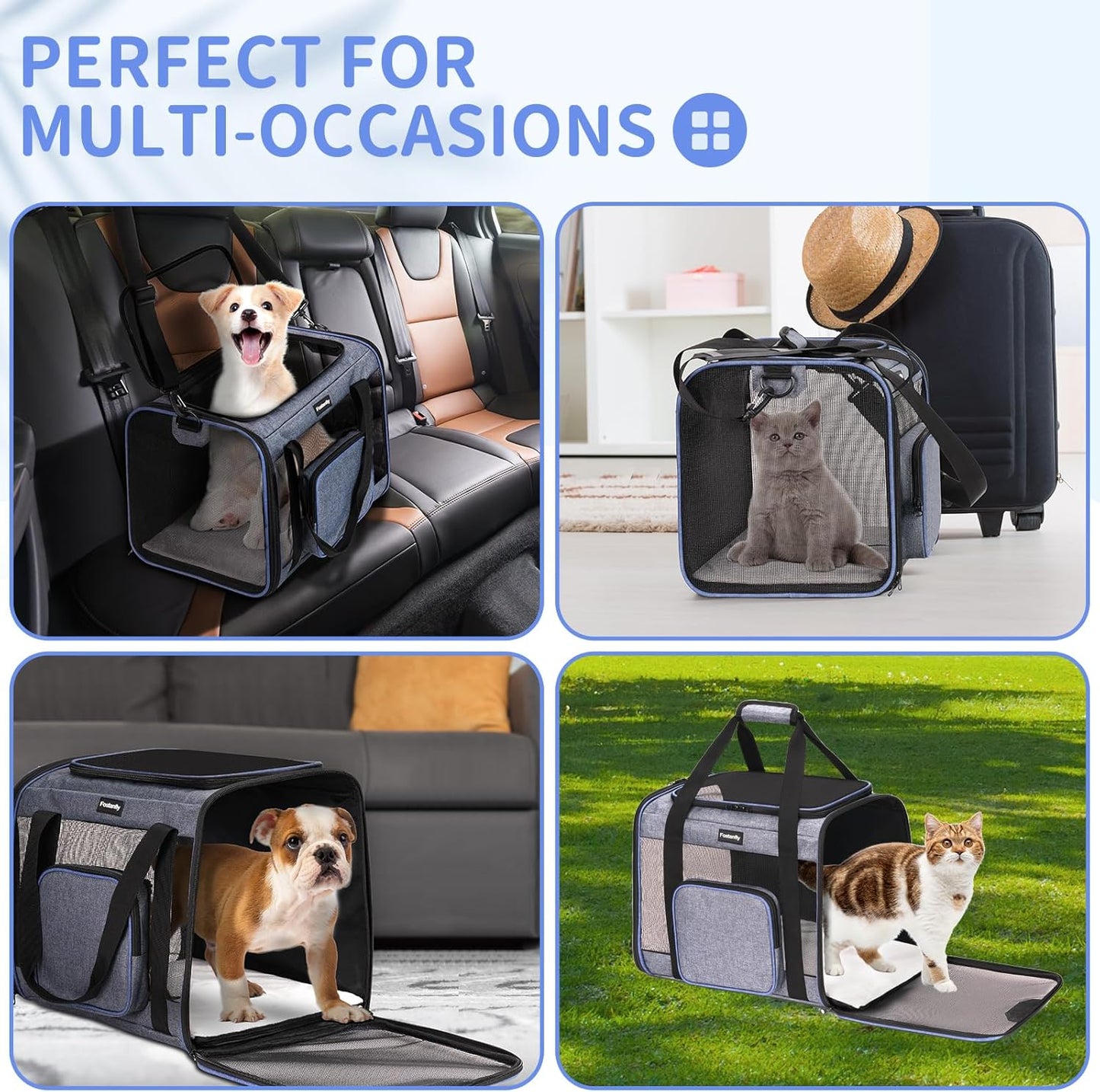 Fostanfly Cat Carriers for Large Cats 25 lbs, Dog Carriers for Small Dogs, Pet Bag for Medium Puppy Under 25lbs Travel Bag with Big Pocket,4 Ventilated Windows, 3 Doors