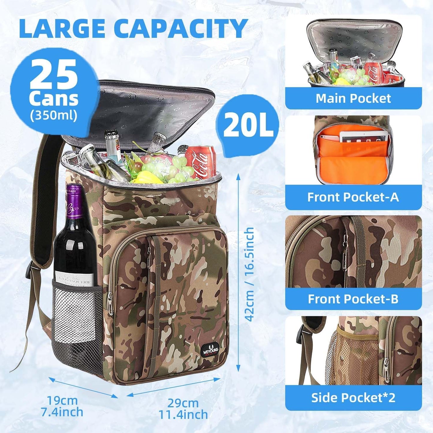 Bagtopia Camping Cooler Backpack 25 Cans, Leak Proof Insulated Thermal Bag, Beach Travel Picnic Lunch Backpack for Men Women