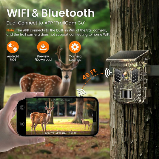XTU Solar Trail Camera WiFi Bluetooth, 64MP 4K Game Camera with Night Vision Motion Activated 0.2s Trigger, IP66 Waterproof Wildlife Camera with 22pcs 850nm Low Glow Infrared LEDs Outdoor