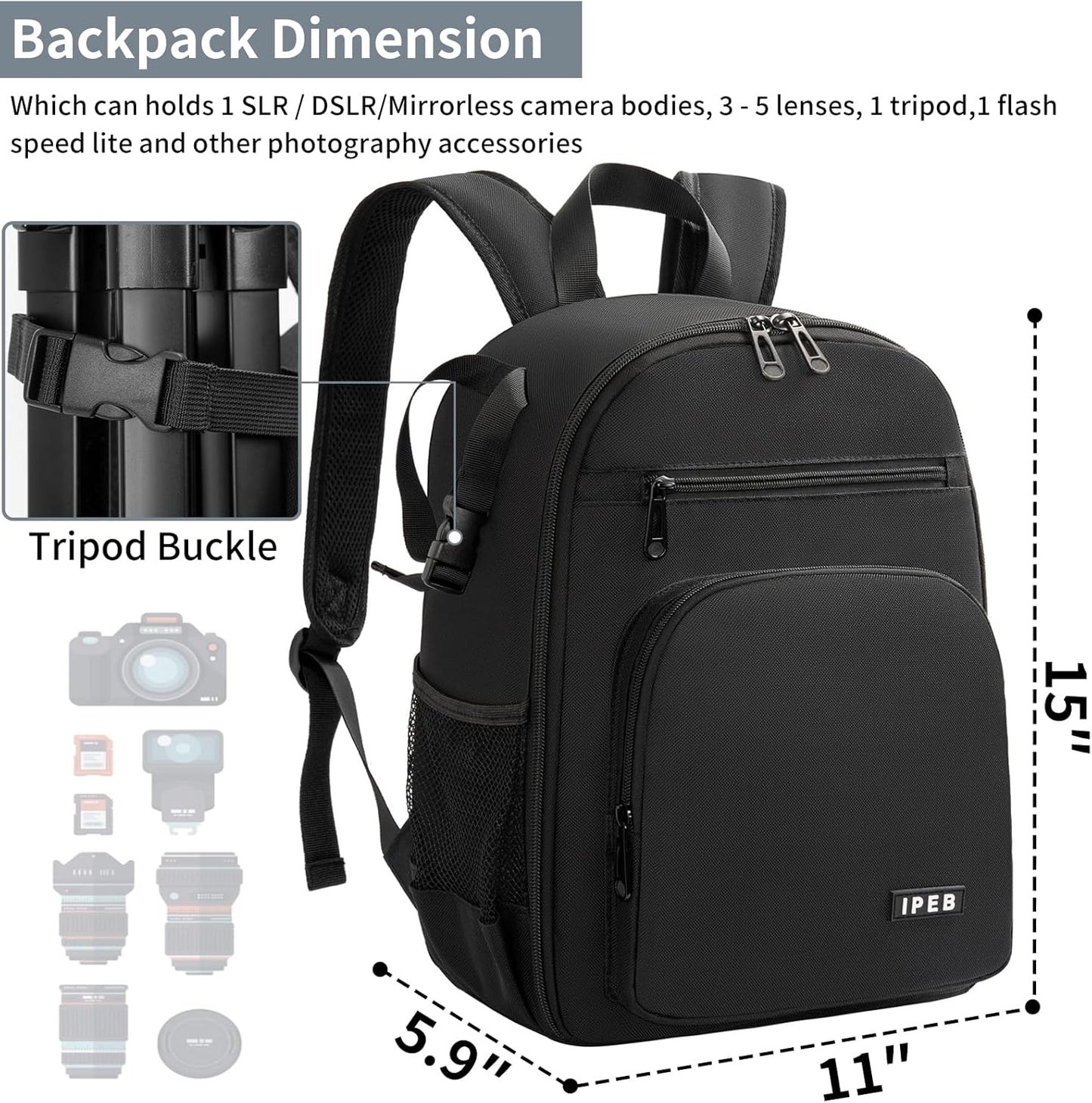 IPEB Camera Backpack Bag with Tripod Holder Water Resistant Camera Cases Photography Backpack Anti-Theft for DSLR Camera