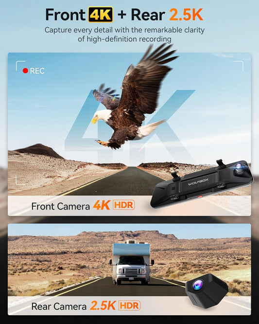 WOLFBOX G900 PRO Mirror Dash Cam with STARVIS 2 IMX678, 12 inches Rear View Mirror Camera with Front 4K and Rear 2.5K, Included 128GB Card, Voice Control, 5.8GHz WiFi, Loop Recording, GPS & G-Sensor - PuriLite