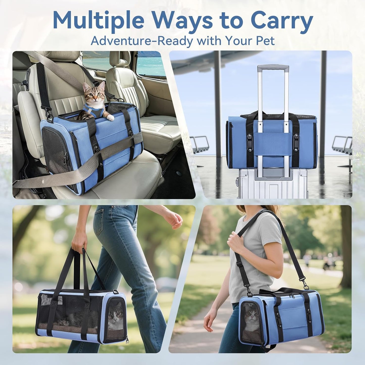 Petsfit Pet Carrier Airline Approved, Soft-Sided Cat Carrier with Patented Car Buckle, Lightweight and Collapsible with Adjustable Shoulder Strap, Soft Cushion,Green