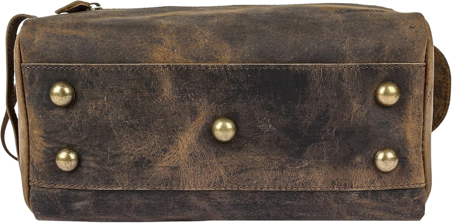 Premium Buffalo Leather Unisex Toiletry Bag Travel Dopp Kit Shaving kit (Distressed Tan)