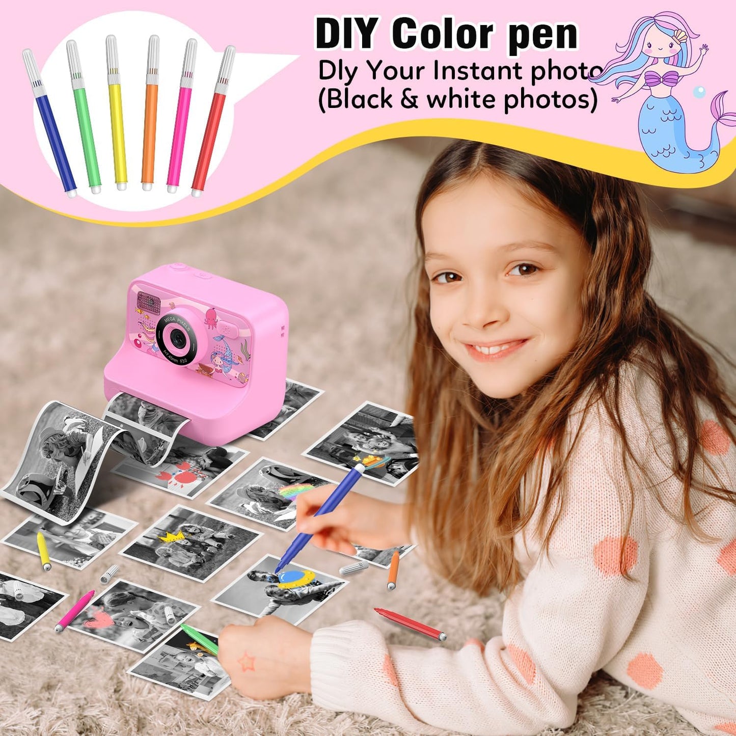 Instant Print Camera for Kids Age 3-12 Girls Boys 1080P Selfie HD Digital Video Cameras with 6 Print Paper & 32G Card Toddler Portable Travel Toys Camera for Christmas Birthday Gifts