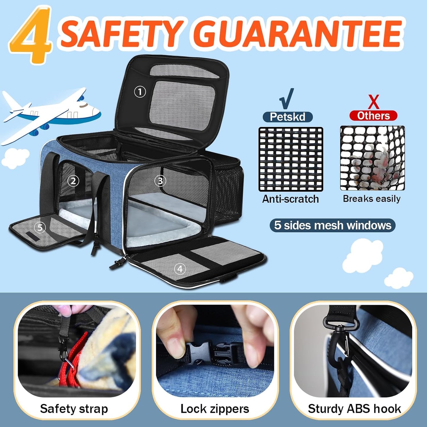 Petskd Top and Side Expandable Pet Carrier 17x12x8.5 Inches JetBlue Frontier Spirit Airline Approved, Soft-Sided Carrier for Small Cats and Dogs with Locking Safety Zipper and Anti-Scratch Mesh(Black)