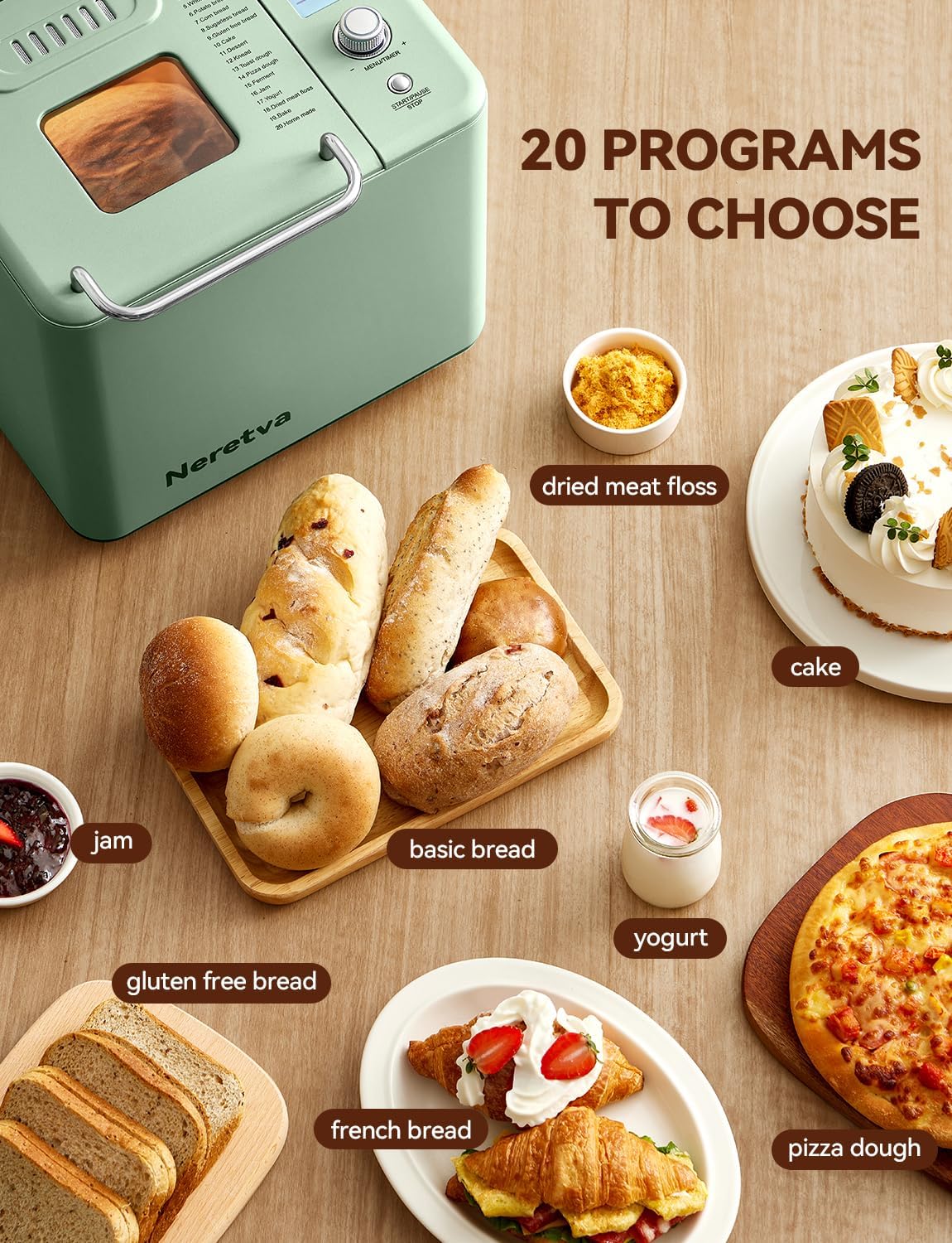 Neretva Bread Maker, 20-in-1 2LB Bread Machine Dual Heater & Nonstick Ceramic Pan Bread Makers Machine All Metal Compact for Gluten Free/Dough Maker/Meat Floss/Jam/Yogurt/Breadmaker Recipe-Light Green