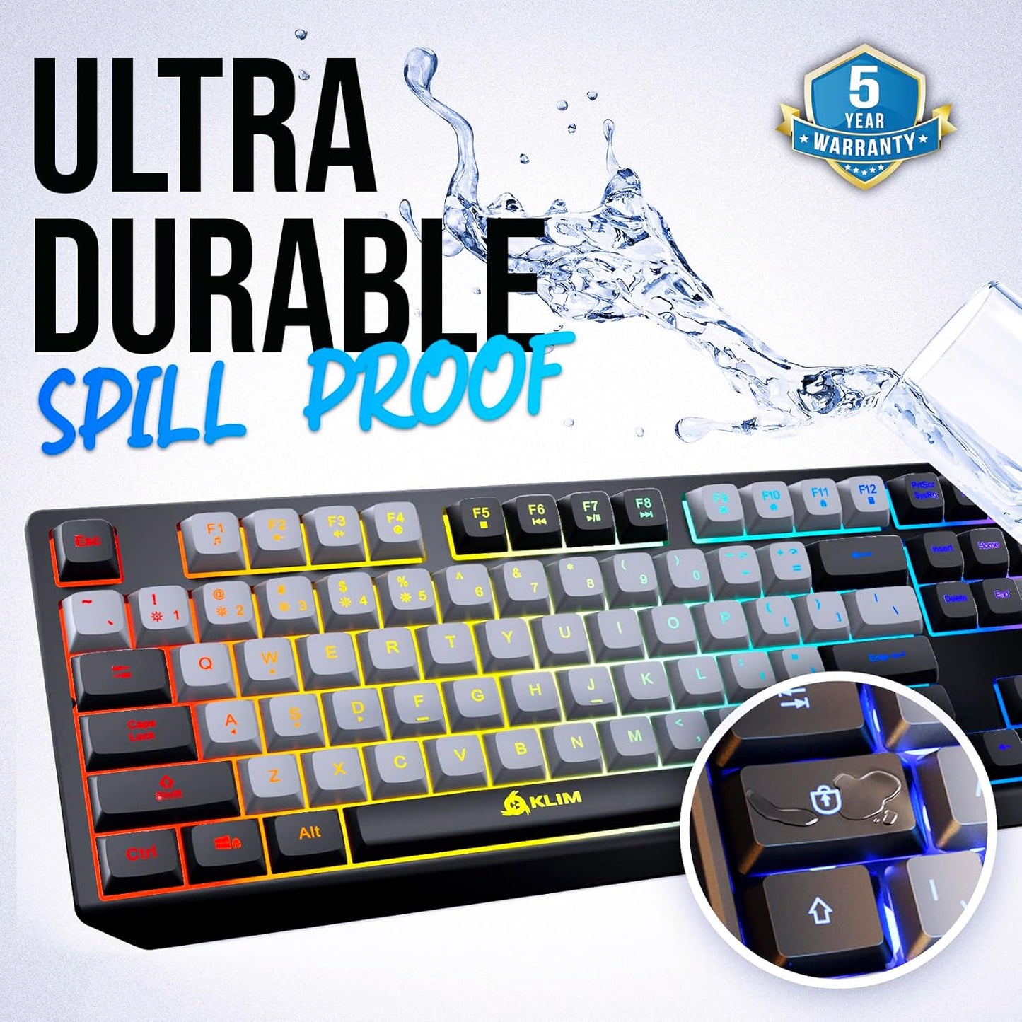 KLIM Chroma Wireless Gaming Keyboard RGB New - Long-Lasting Rechargeable Battery - Quick and Quiet Typing - Water Resistant Backlit Wireless Keyboard for PC PS5 PS4 Mac - Black