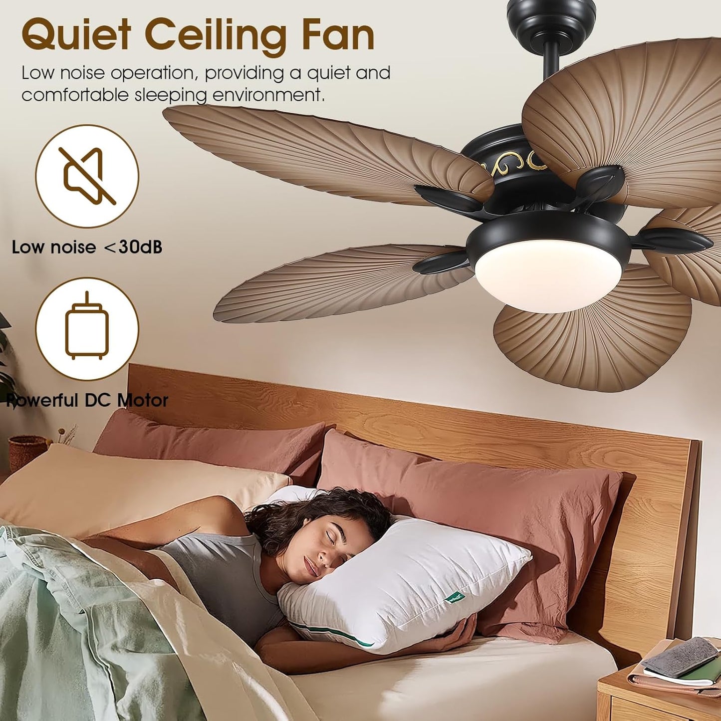 Wiviniya Ceiling Fans with Lights and Remote/APP Control, 44 Inch Tropical Palm Leaf Ceiling Fan with LED Lights, Outdoor Ceiling Fans for Patios Porch, Reversible Quiet Motor, Dimmable, Light Brown
