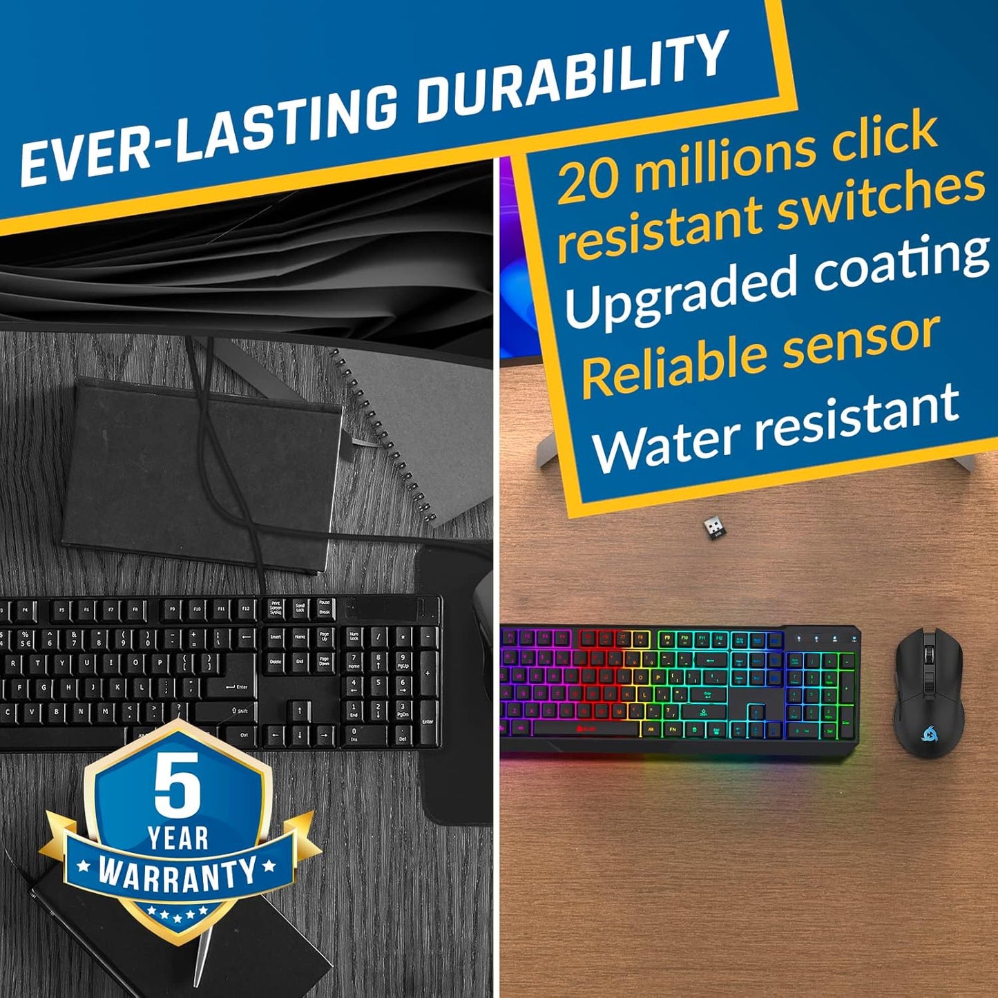 KLIM Chroma Wireless Gaming Keyboard RGB New - Long-Lasting Rechargeable Battery - Quick and Quiet Typing - Water Resistant Backlit Wireless Keyboard for PC PS5 PS4 Mac - Black