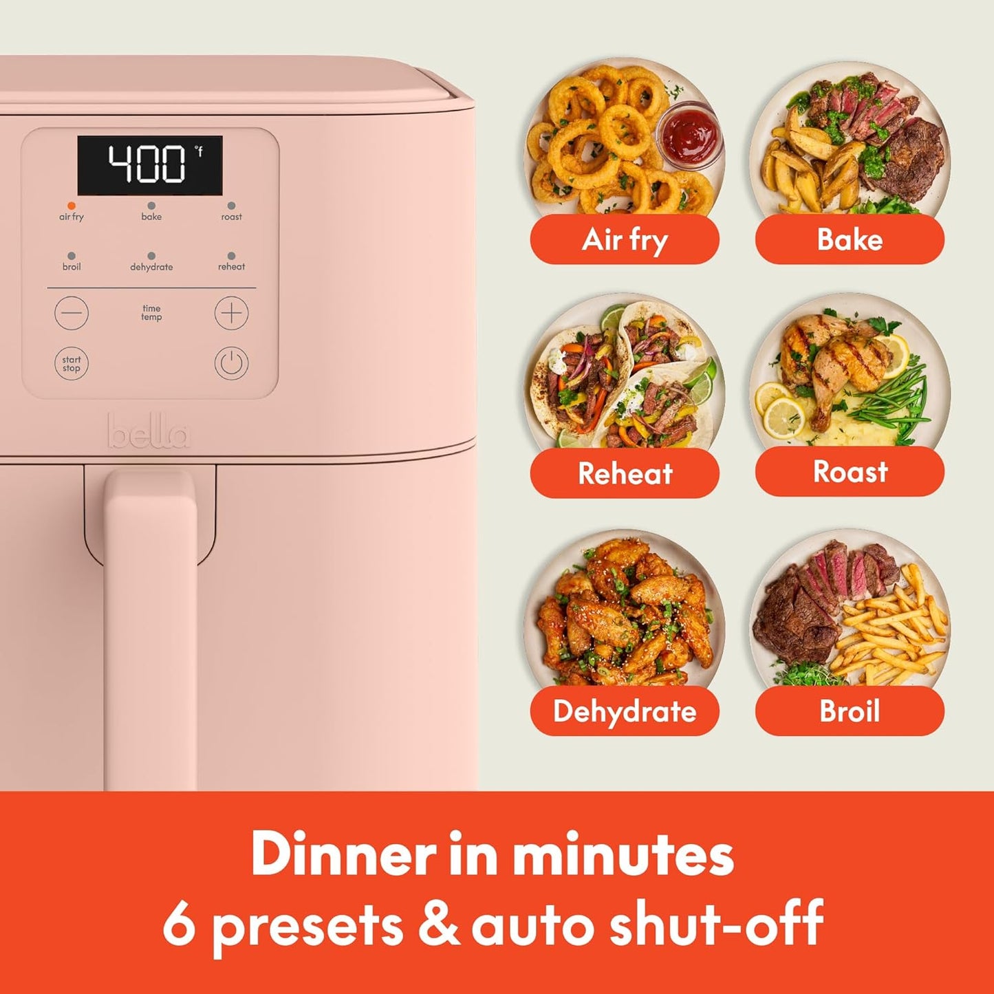 bella 4Qt Slim Air Fryer, Fits-anywhere Kitchenware, EverGood Ceramic Nonstick Coating, Adjustable Temperature, 6 Preset Cooking Options, 60 Min Auto Shutoff w Audible Tone, 3.3lb Capacity, Surf
